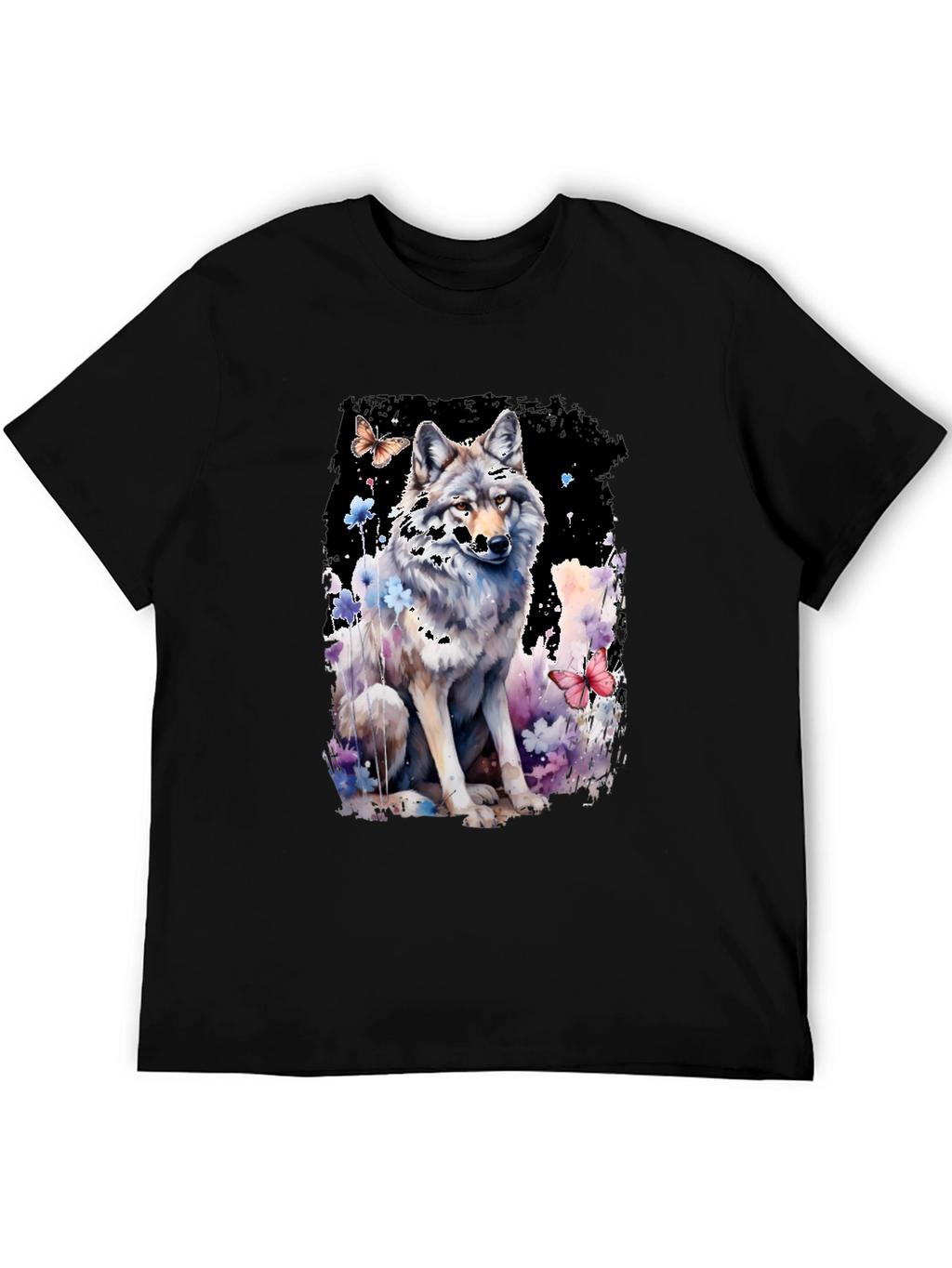 Wolf & Butterfly Graphic Tee - Artistic Black T-Shirt