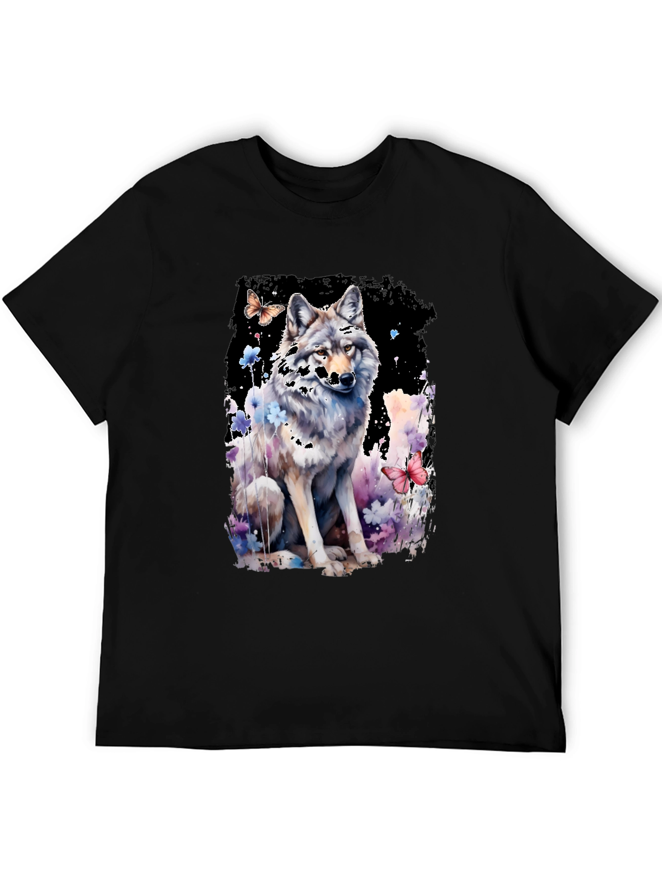 Wolf & Butterfly Graphic Tee - Artistic Black T-Shirt