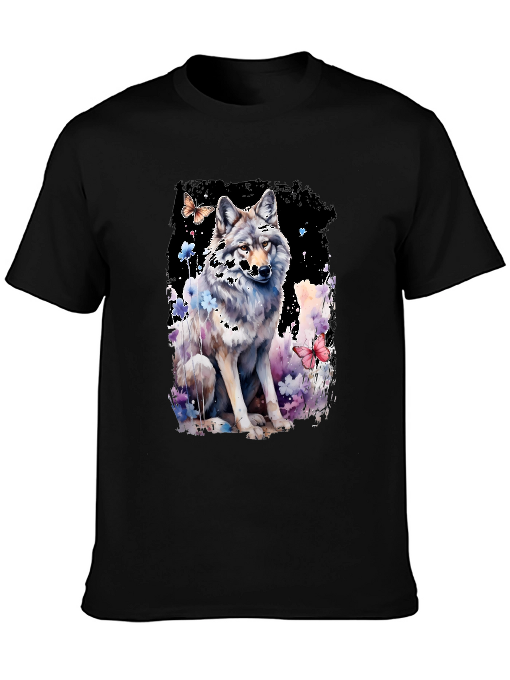 Wolf & Butterfly Graphic Tee - Artistic Black T-Shirt