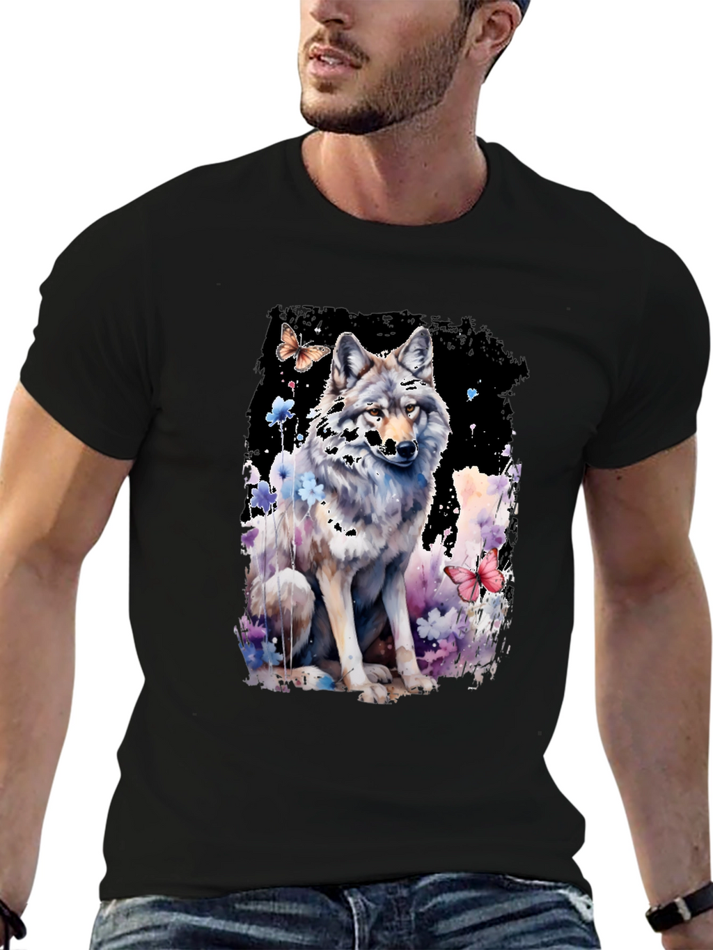 Wolf & Butterfly Graphic Tee - Artistic Black T-Shirt