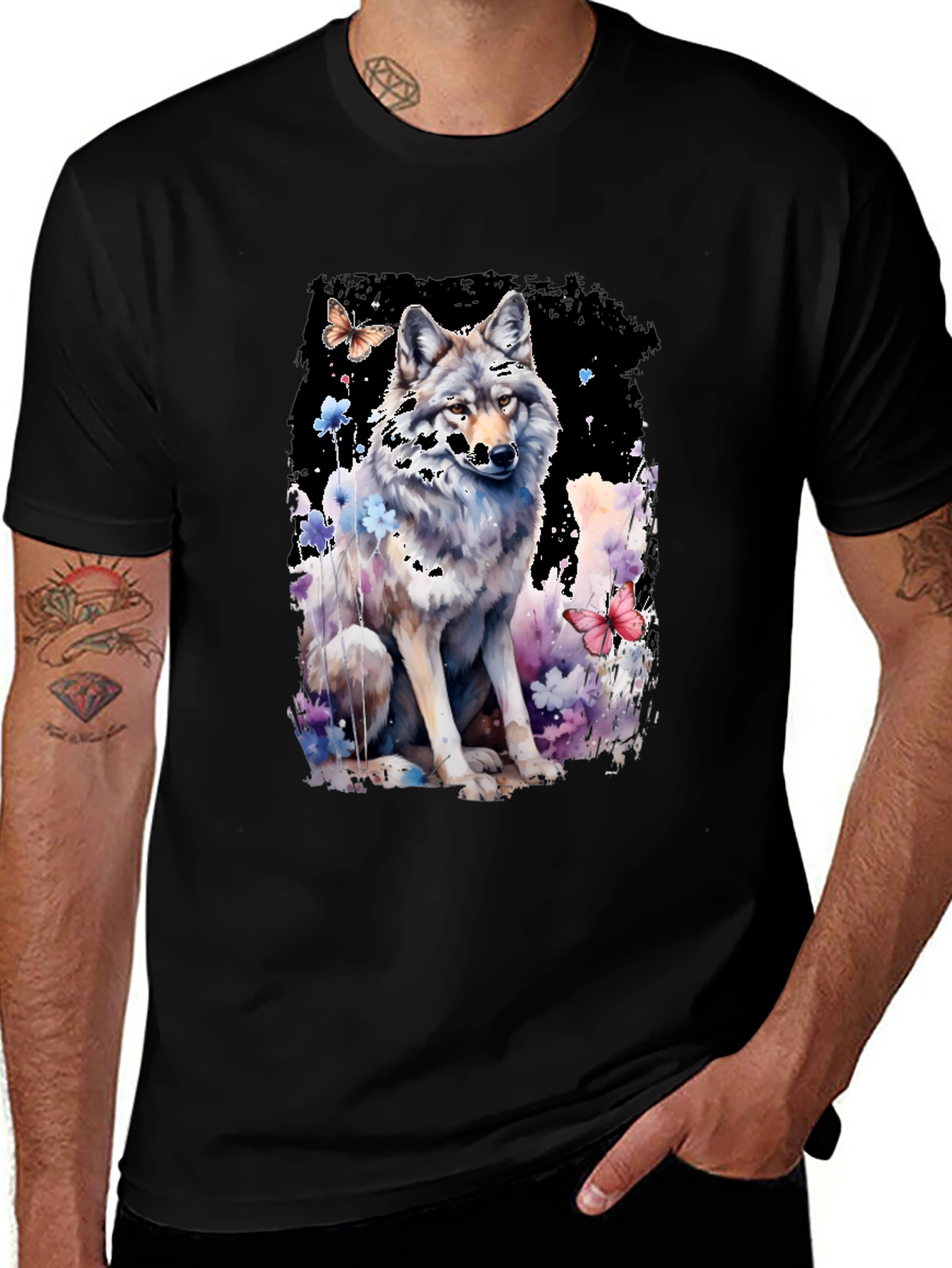 Wolf & Butterfly Graphic Tee - Artistic Black T-Shirt