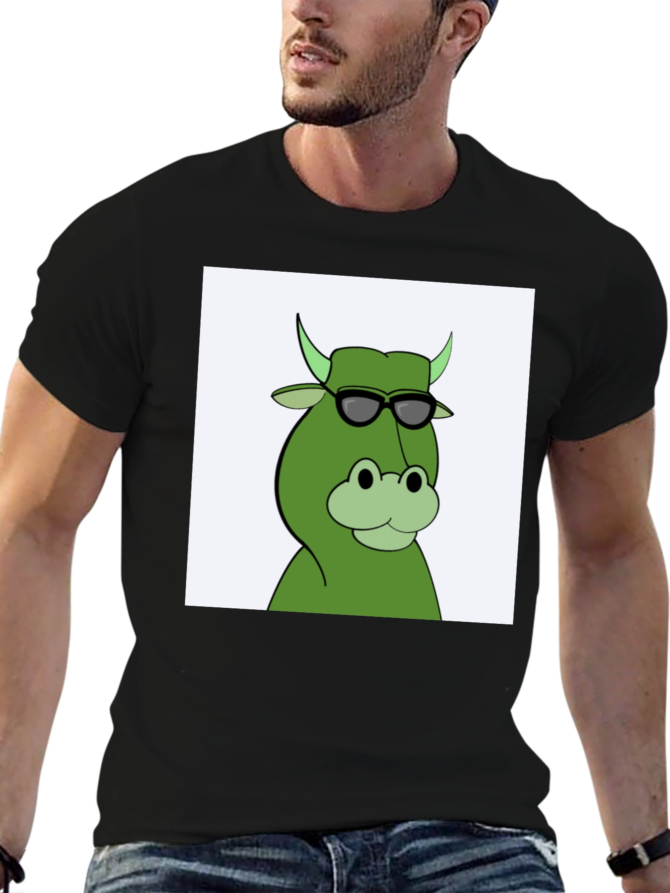Cool Cartoon Cow Graphic Tee - Black