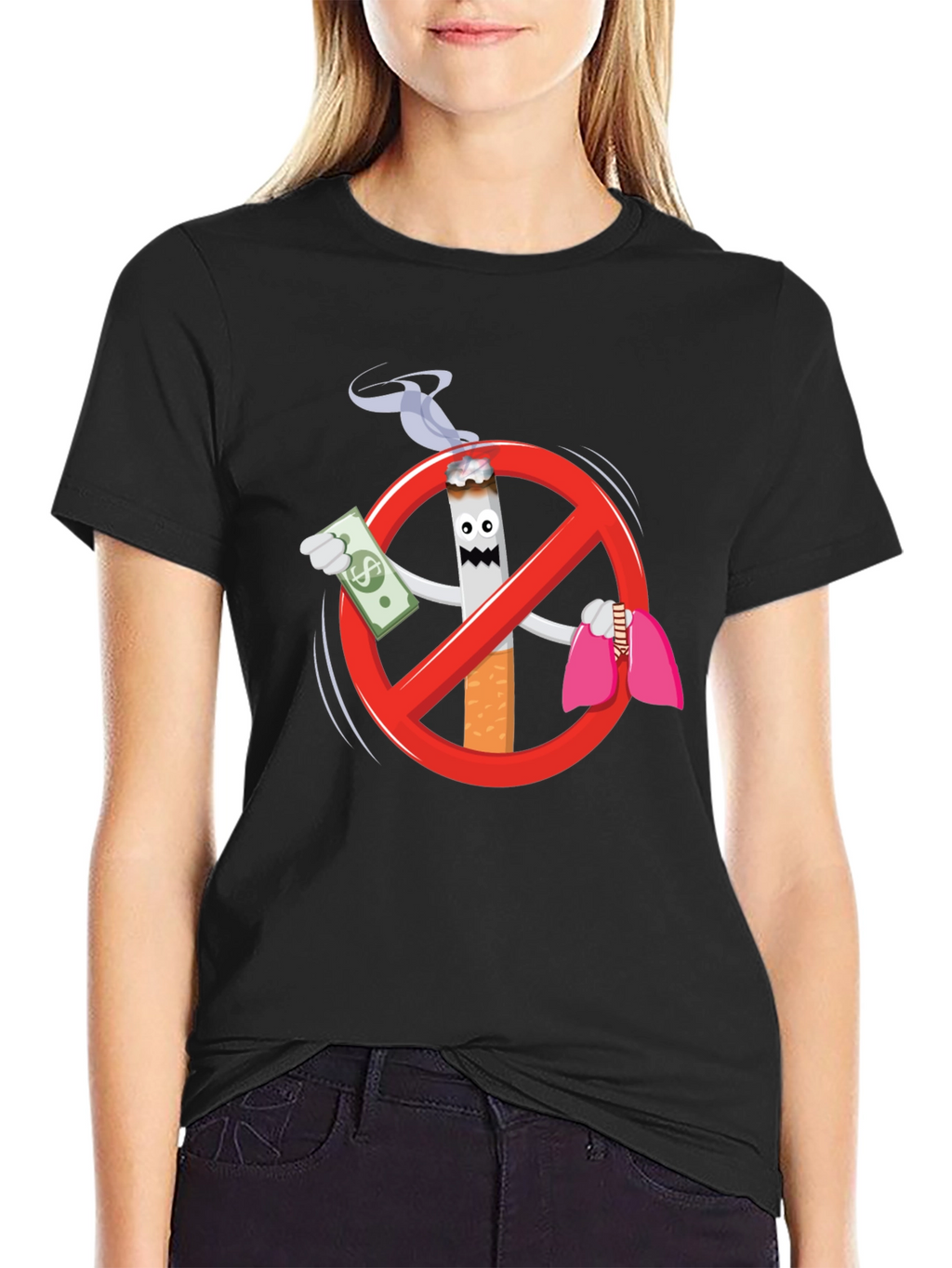 Anti-Smoking Cartoon Graphic Black T-Shirt