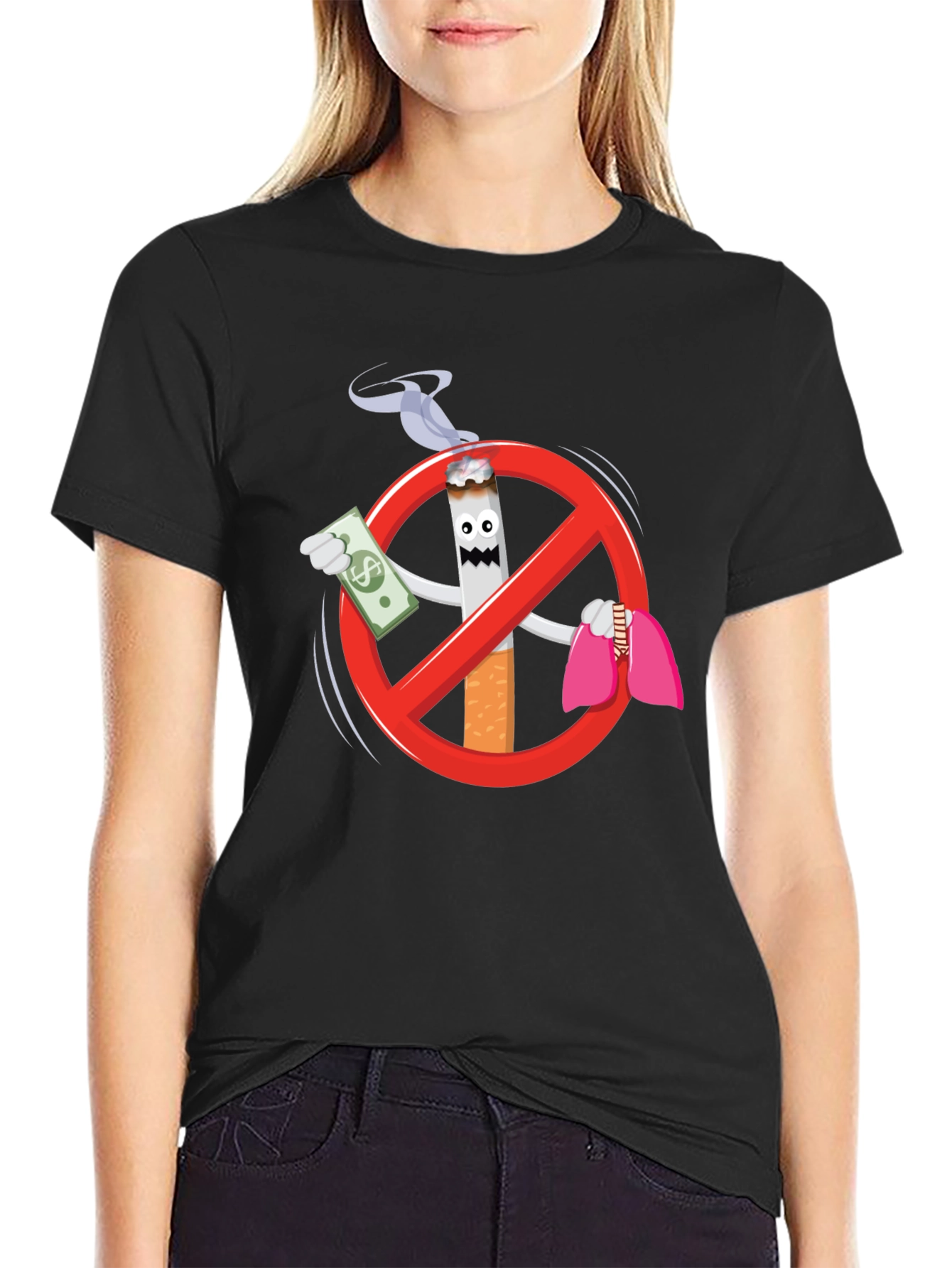 Anti-Smoking Cartoon Graphic Black T-Shirt