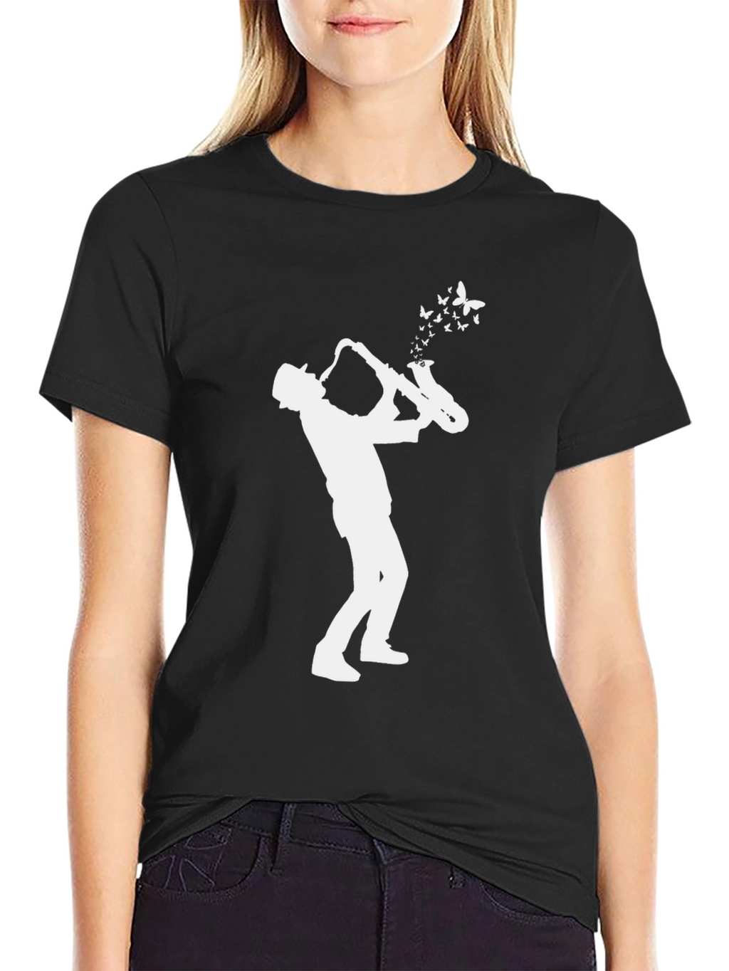 Saxophone Player Butterfly Black T-Shirt
