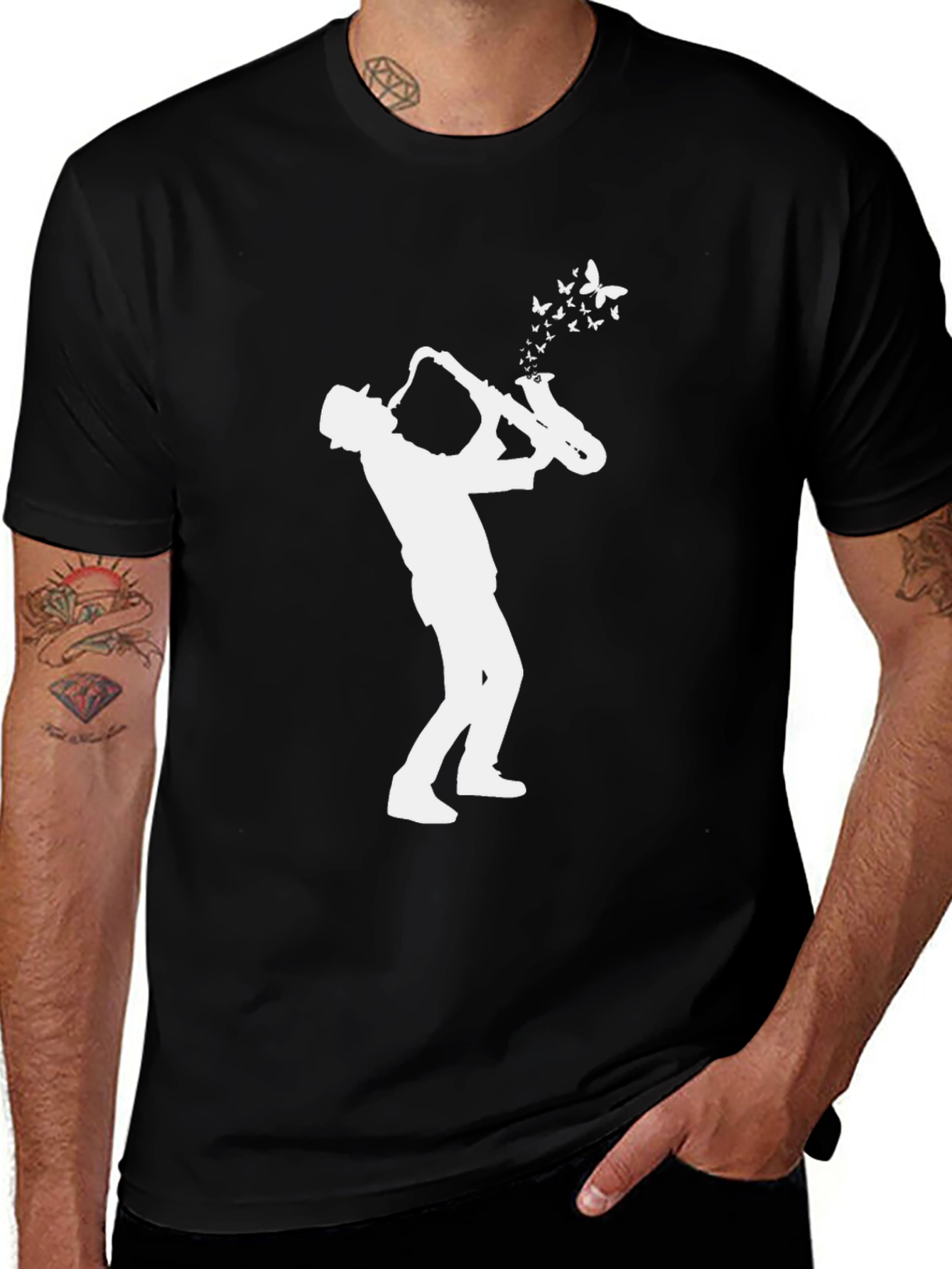 Saxophone Player Butterfly Black T-Shirt