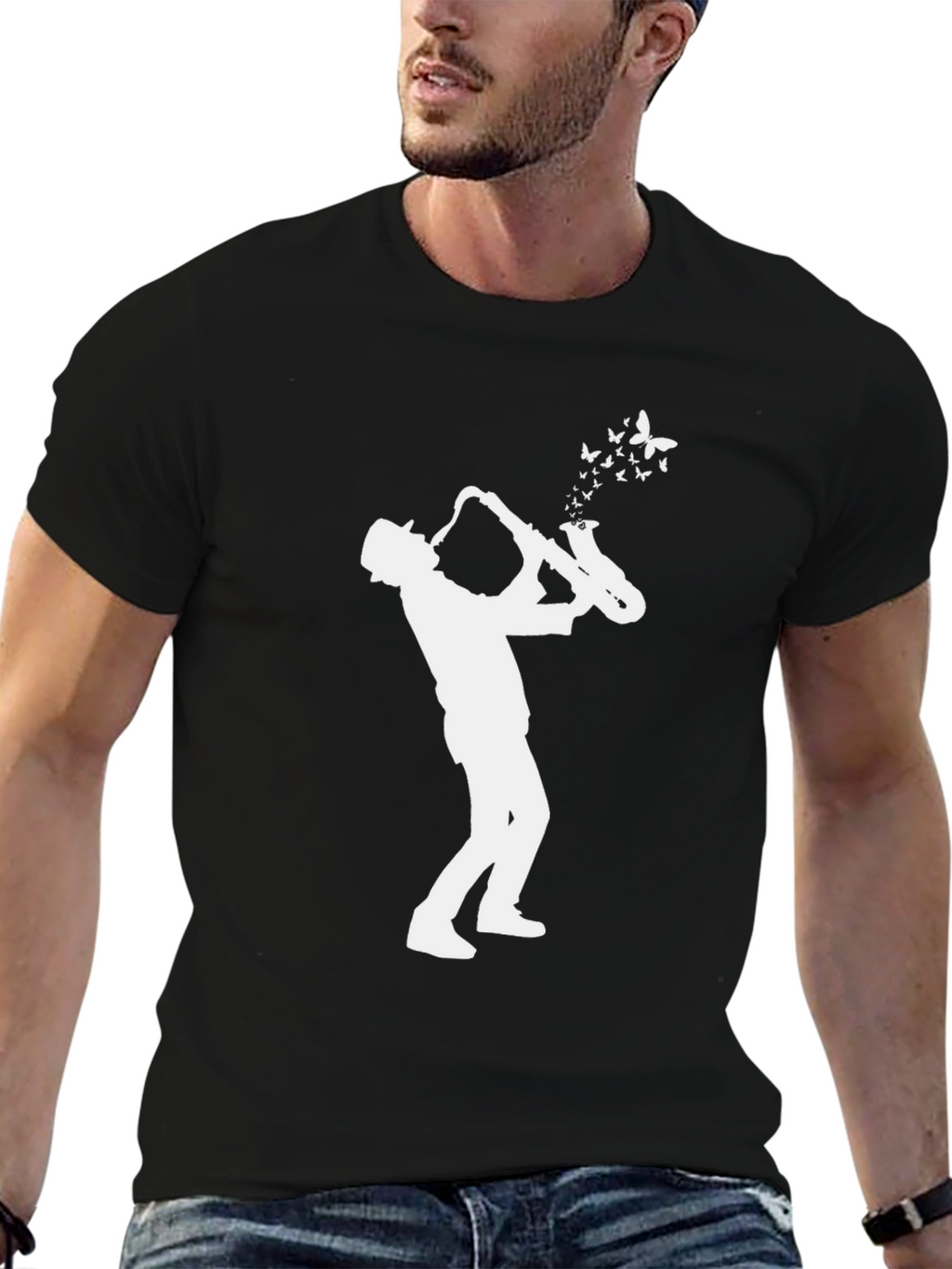 Saxophone Player Butterfly Black T-Shirt