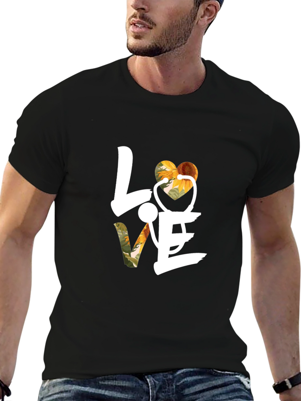 Love Sunflower Stethoscope Graphic T-Shirt