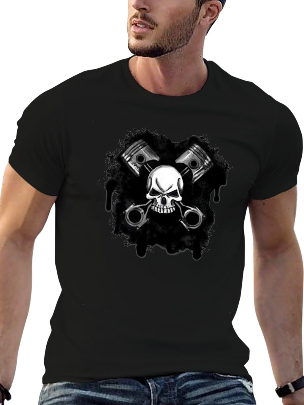 Skull & Pistons Graphic Black T-Shirt