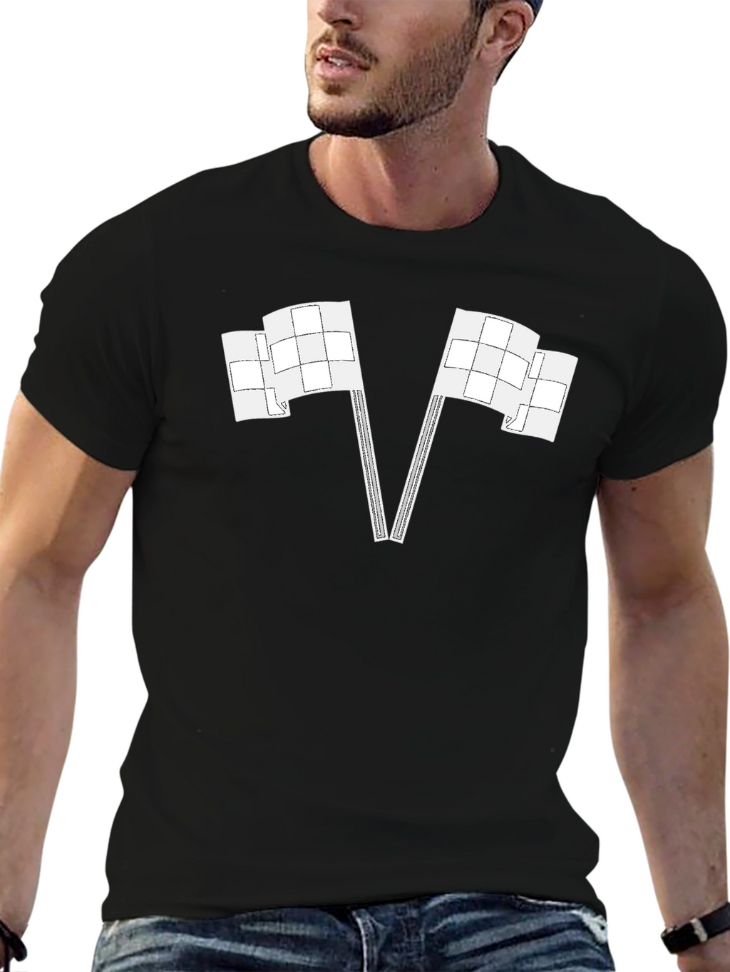 Racing Flags Graphic Tee - Black Cotton Casual Shirt