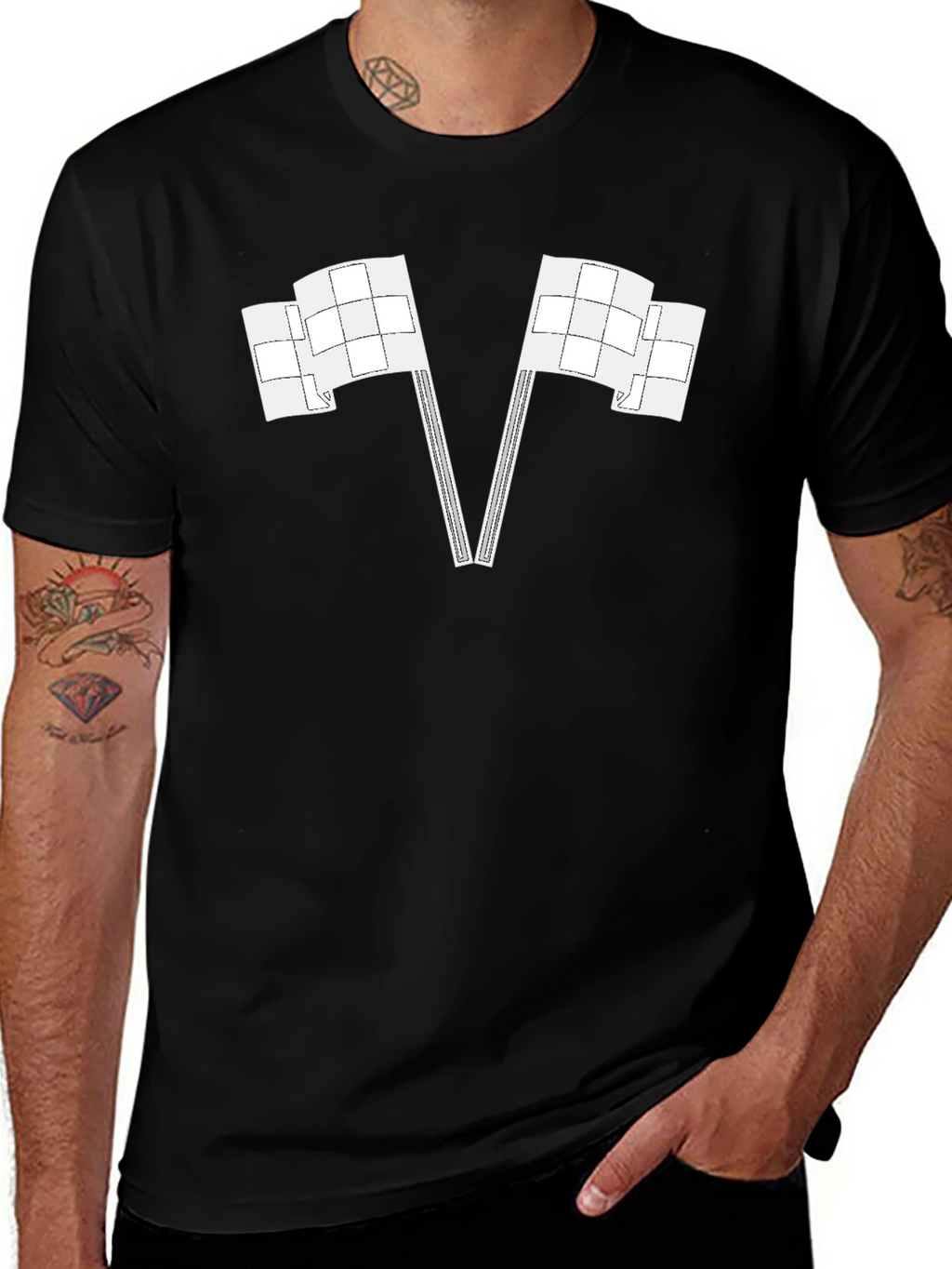 Racing Flags Graphic Tee - Black Cotton Casual Shirt