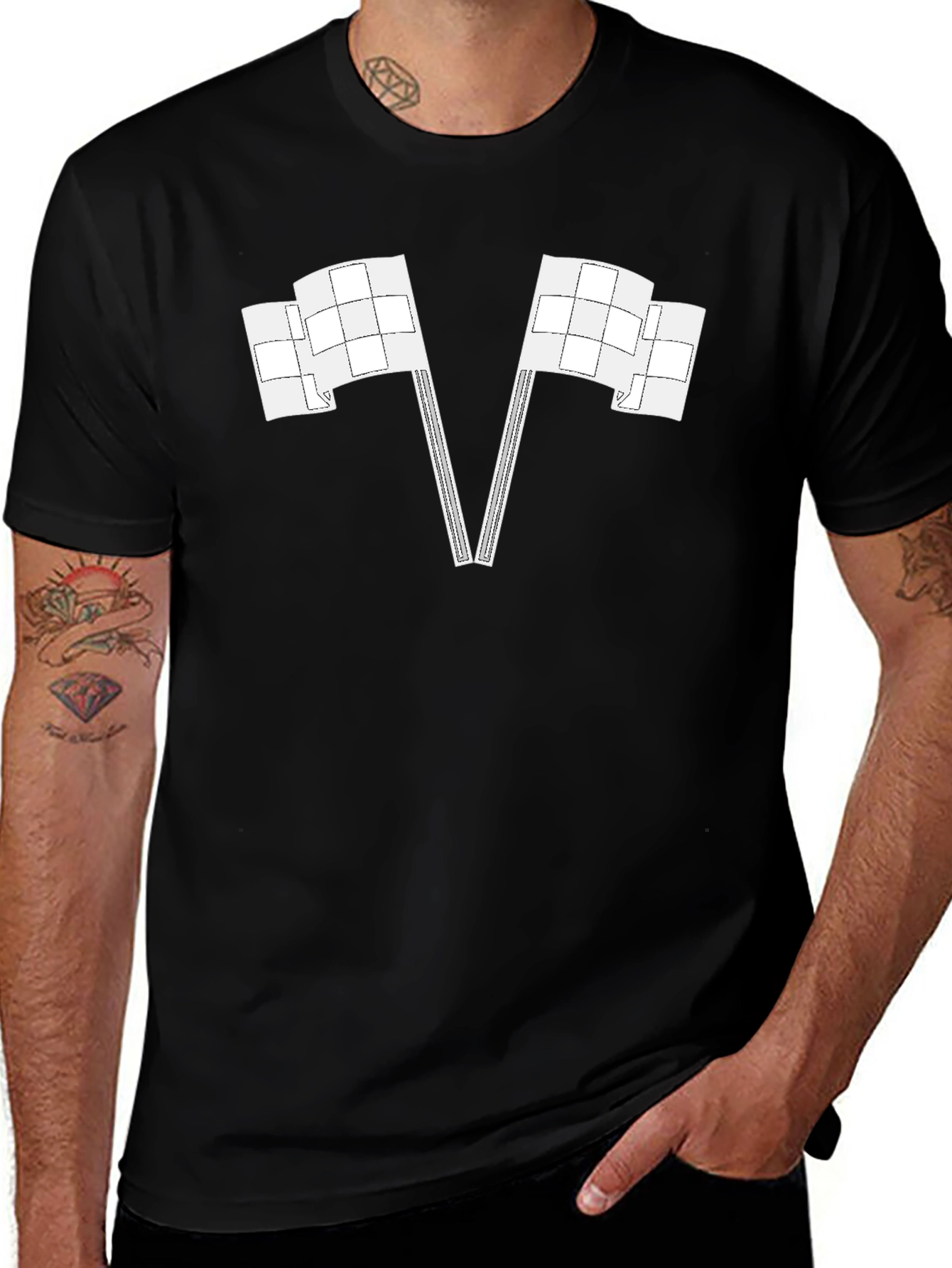 Racing Flags Graphic Tee - Black Cotton Casual Shirt