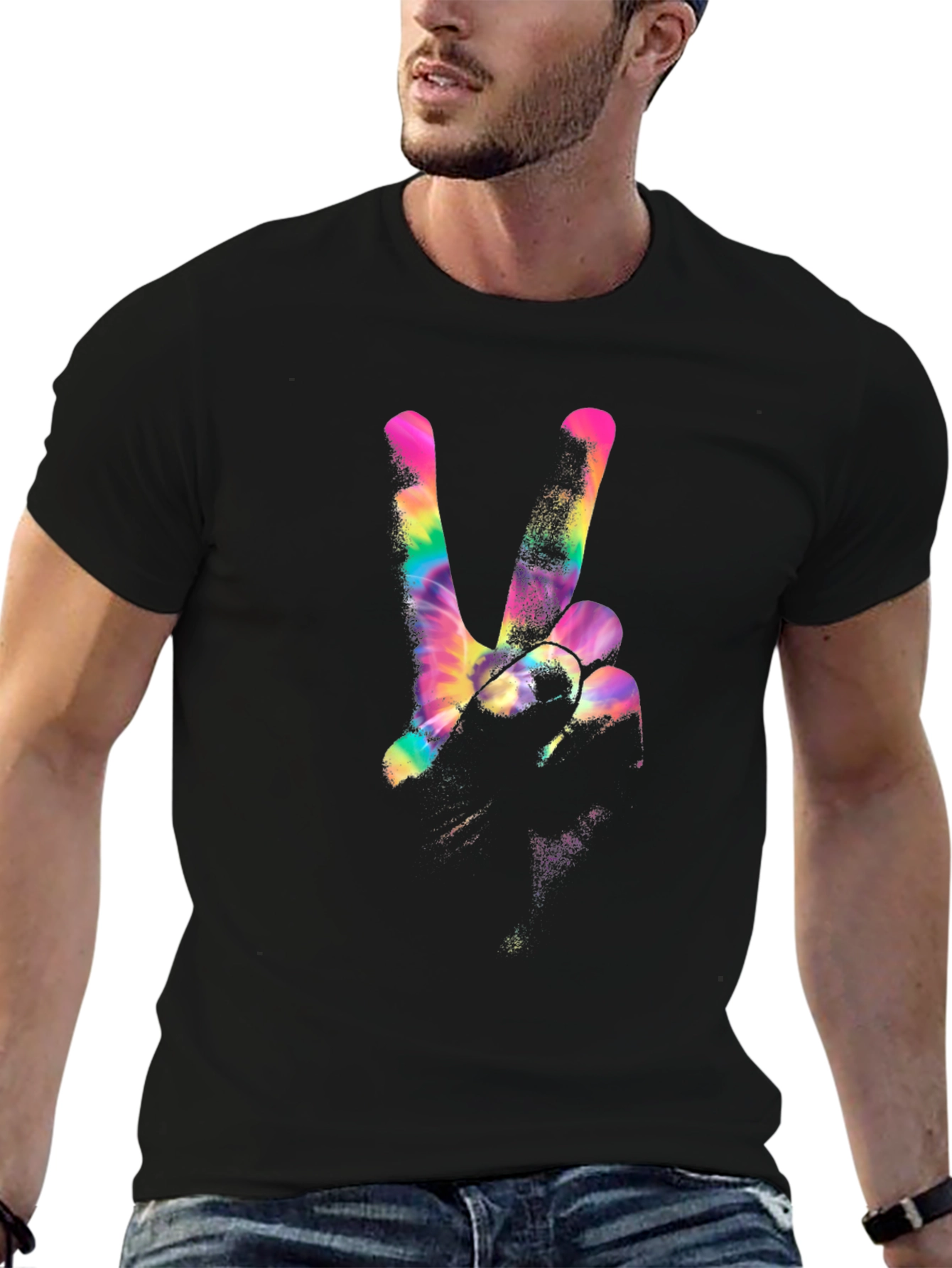 Peace Sign Tie-Dye Graphic Black T-Shirt