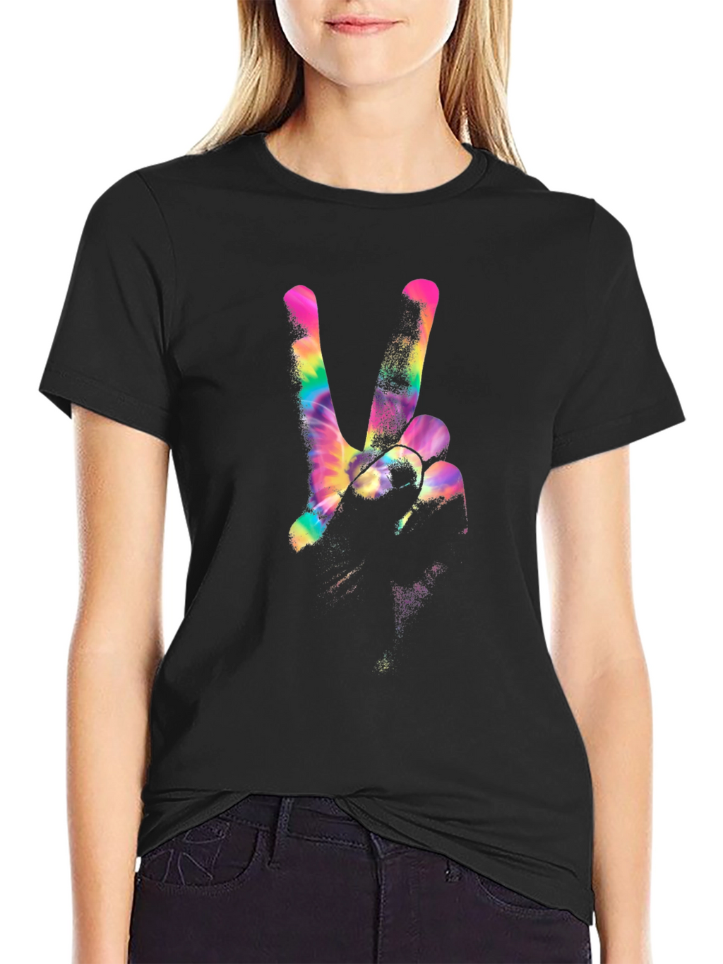 Peace Sign Tie-Dye Graphic Black T-Shirt