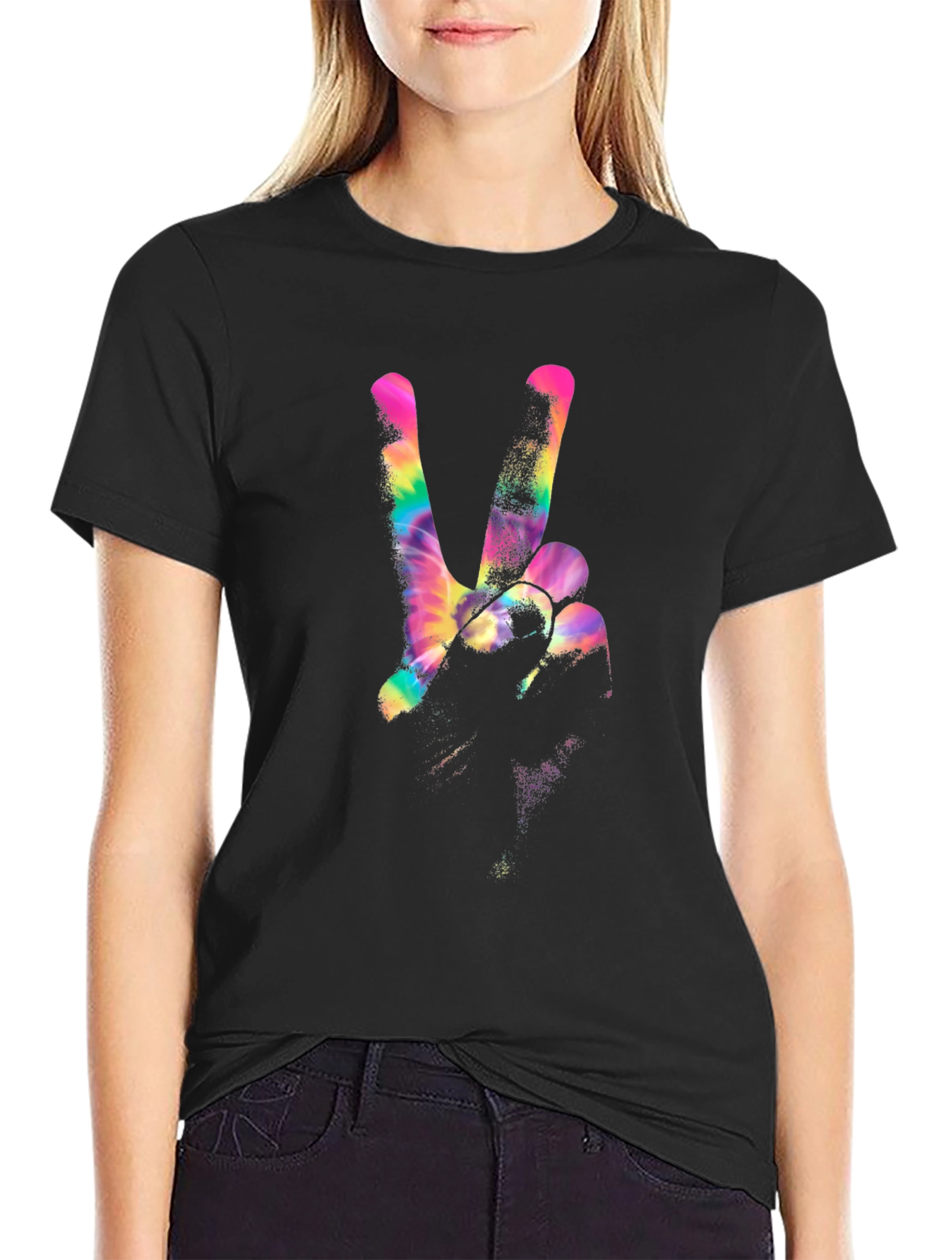 Peace Sign Tie-Dye Graphic Black T-Shirt
