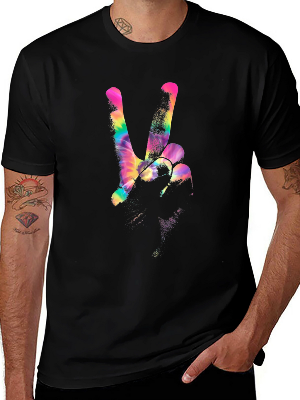 Peace Sign Tie-Dye Graphic Black T-Shirt