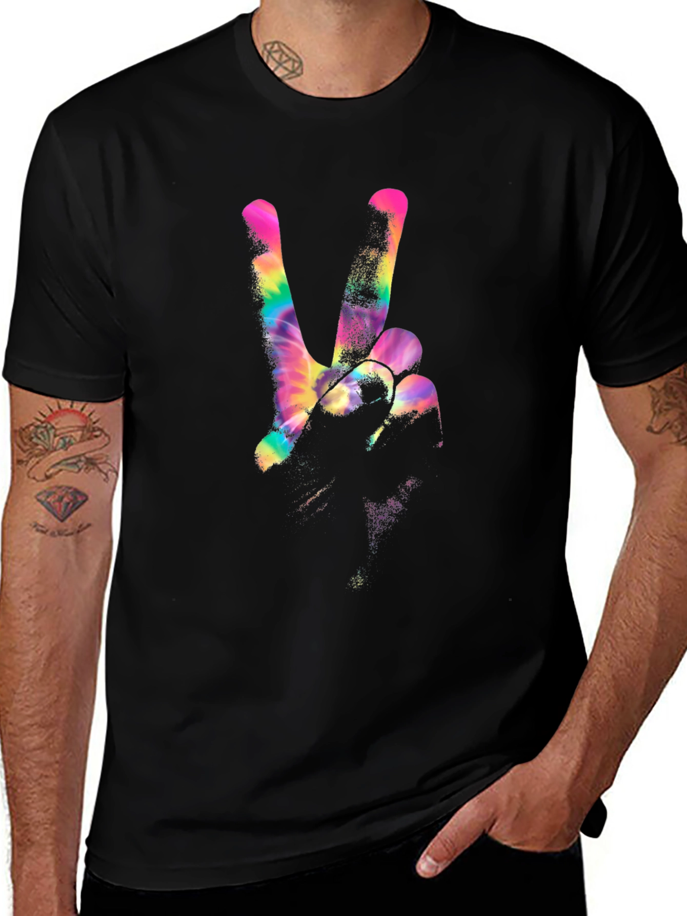 Peace Sign Tie-Dye Graphic Black T-Shirt