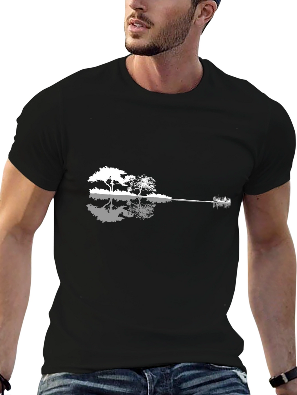 Guitar Landscape Graphic T-Shirt - Black Cotton Blend