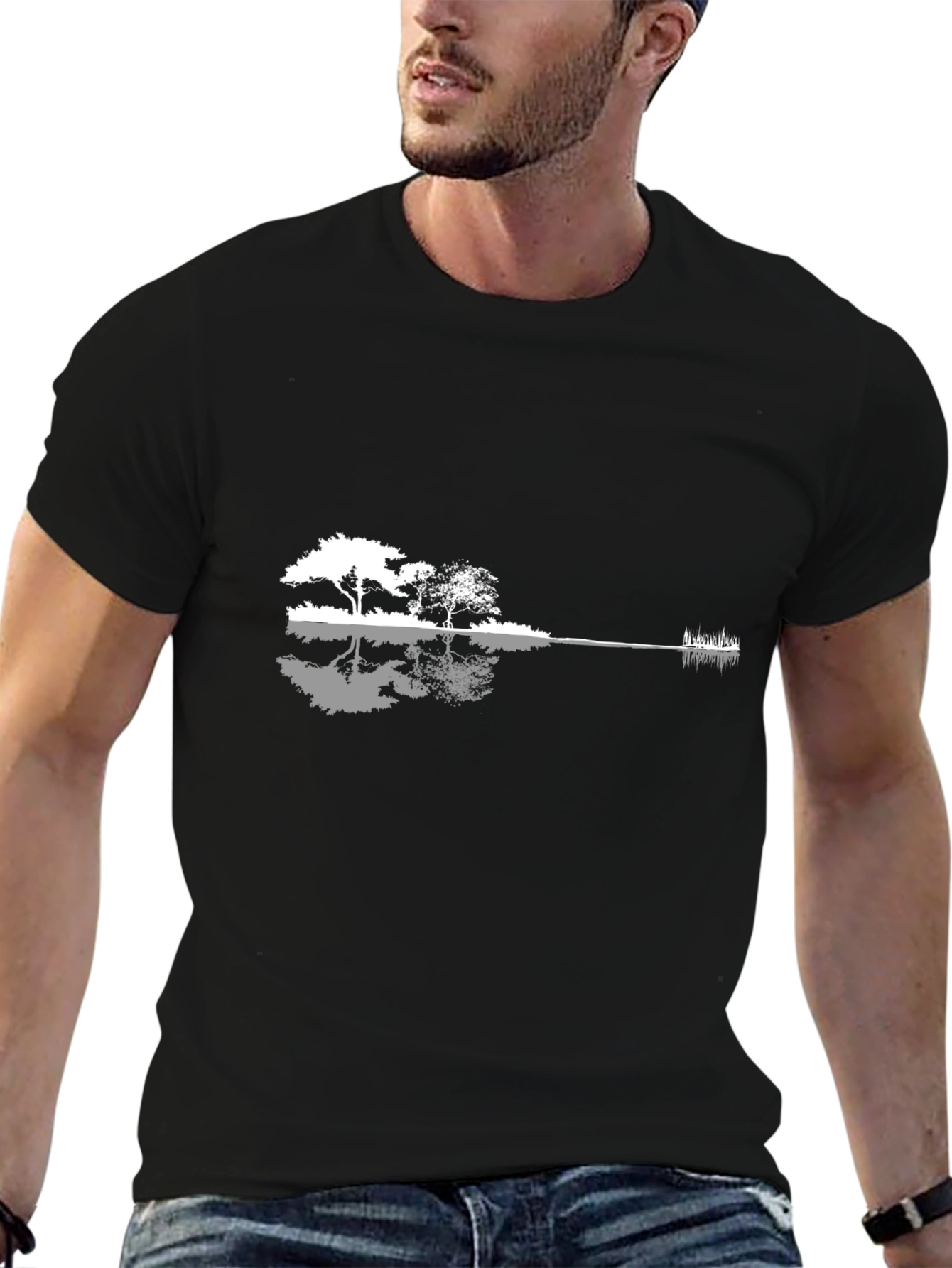 Guitar Landscape Graphic T-Shirt - Black Cotton Blend