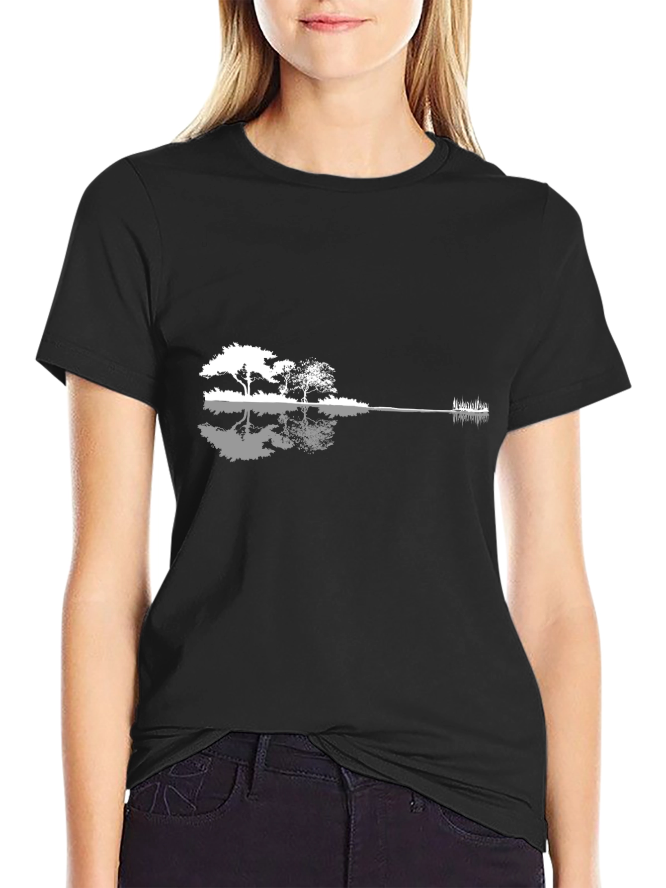Guitar Landscape Graphic T-Shirt - Black Cotton Blend