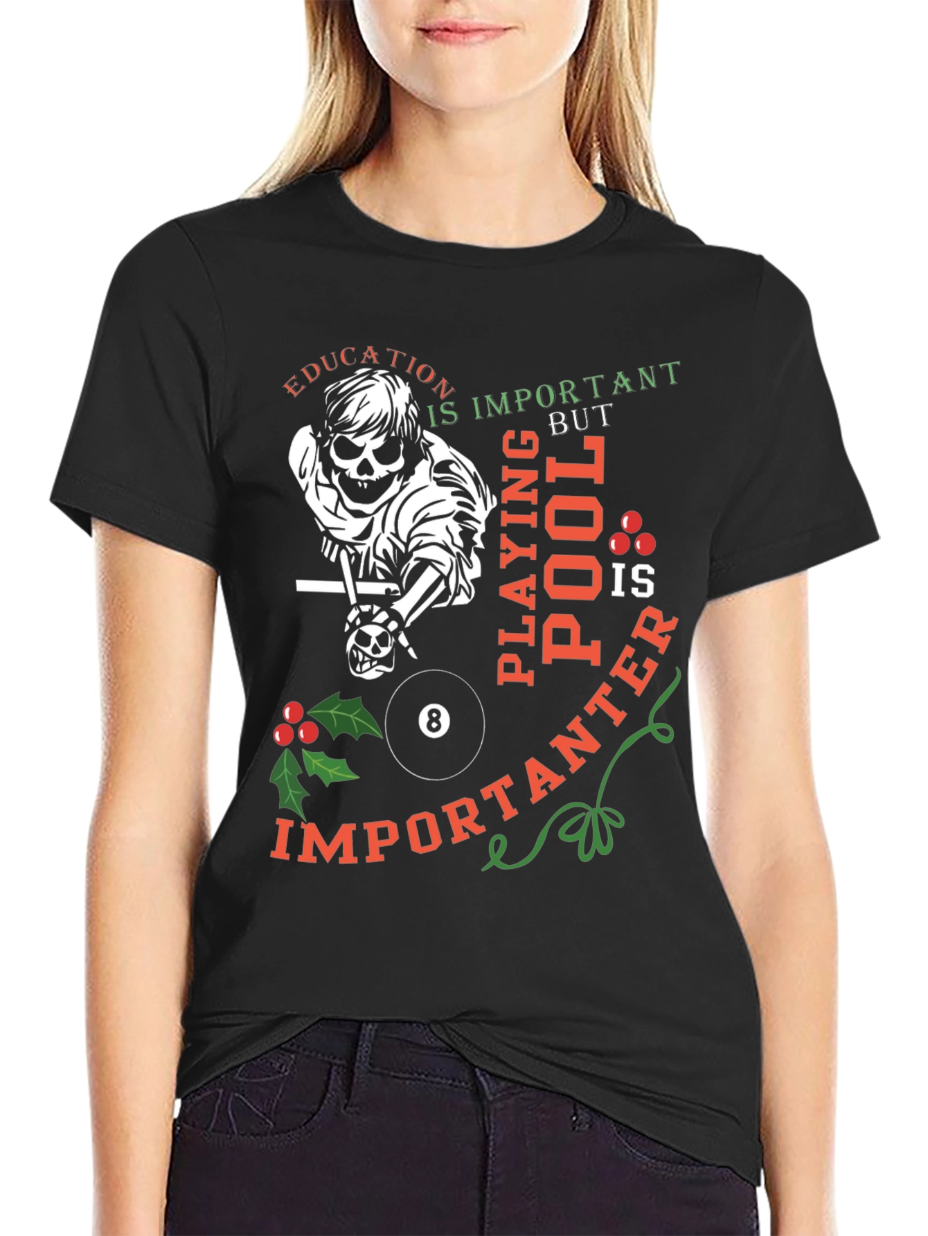 Funny Pool Player Skeleton Graphic T-Shirt