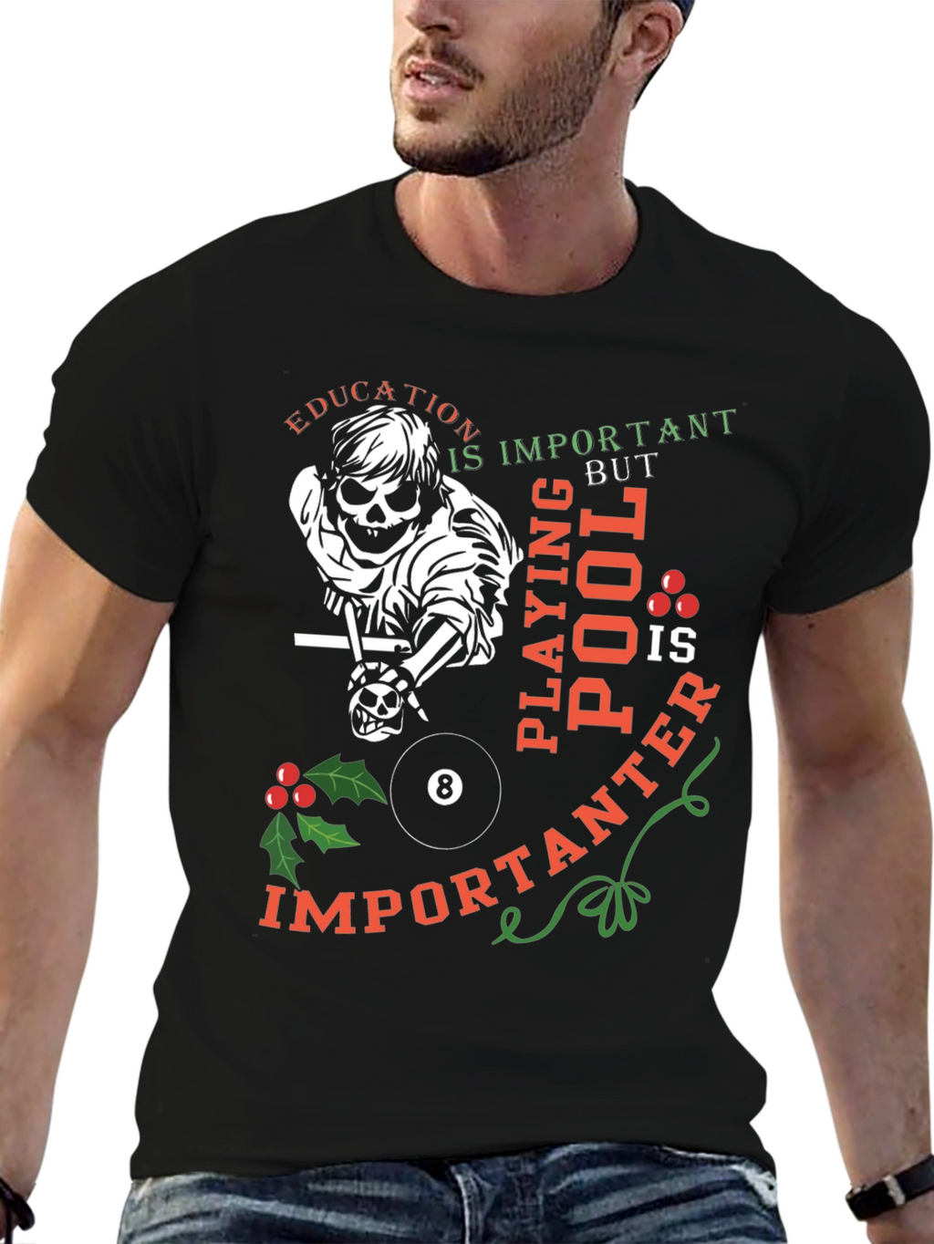Funny Pool Player Skeleton Graphic T-Shirt