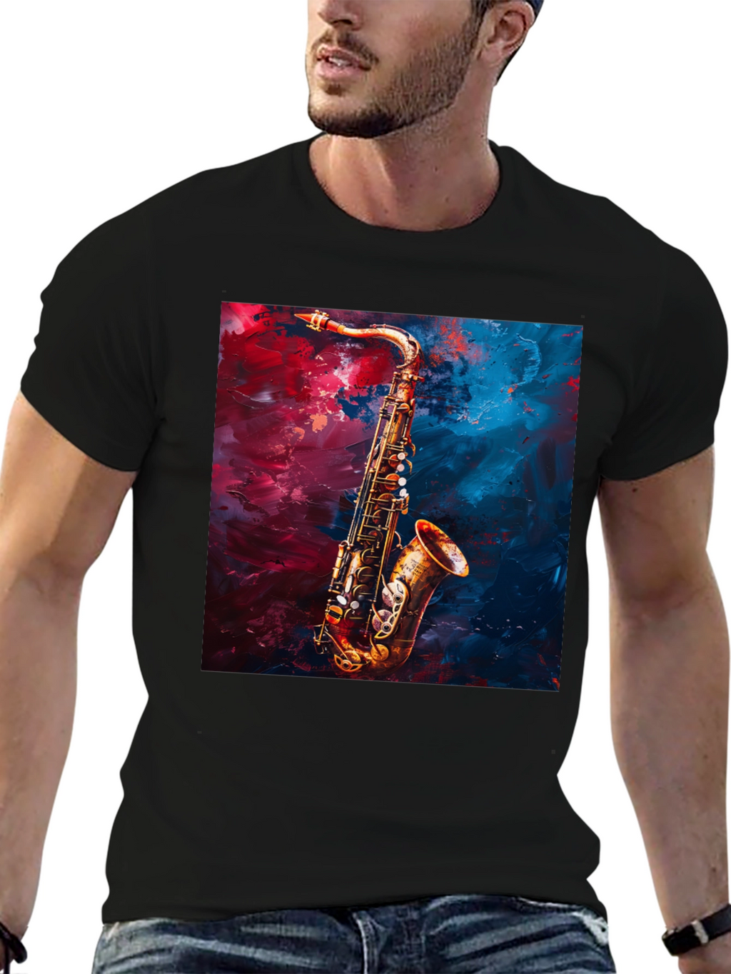 Saxophone Graphic Tee - Black Cotton Music Lover T-Shirt