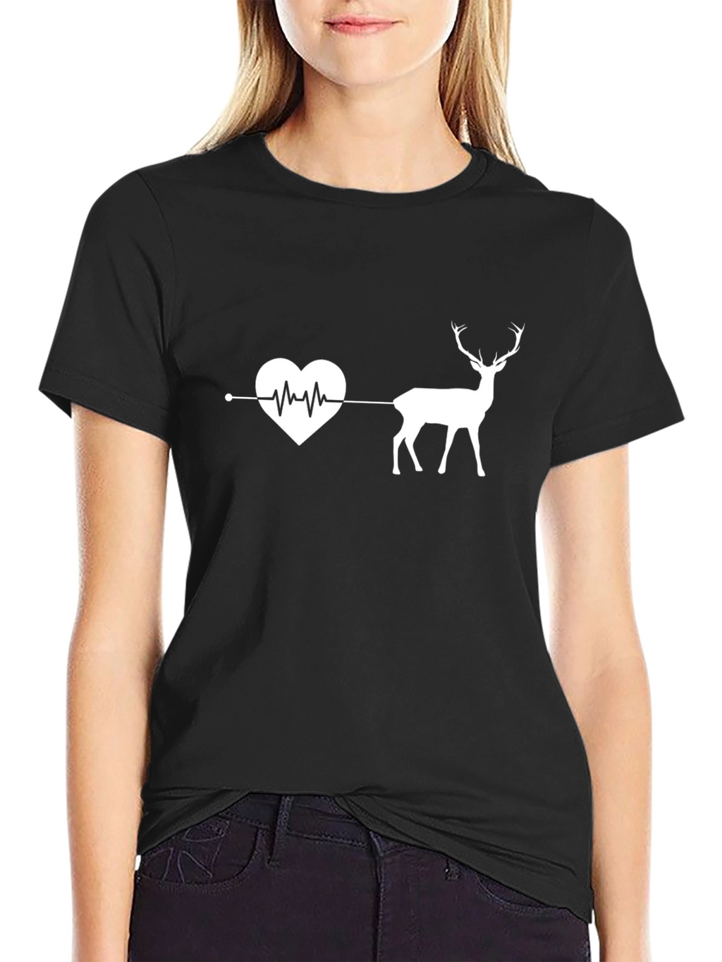 Heartbeat Deer Graphic Tee - Black Cotton T-Shirt