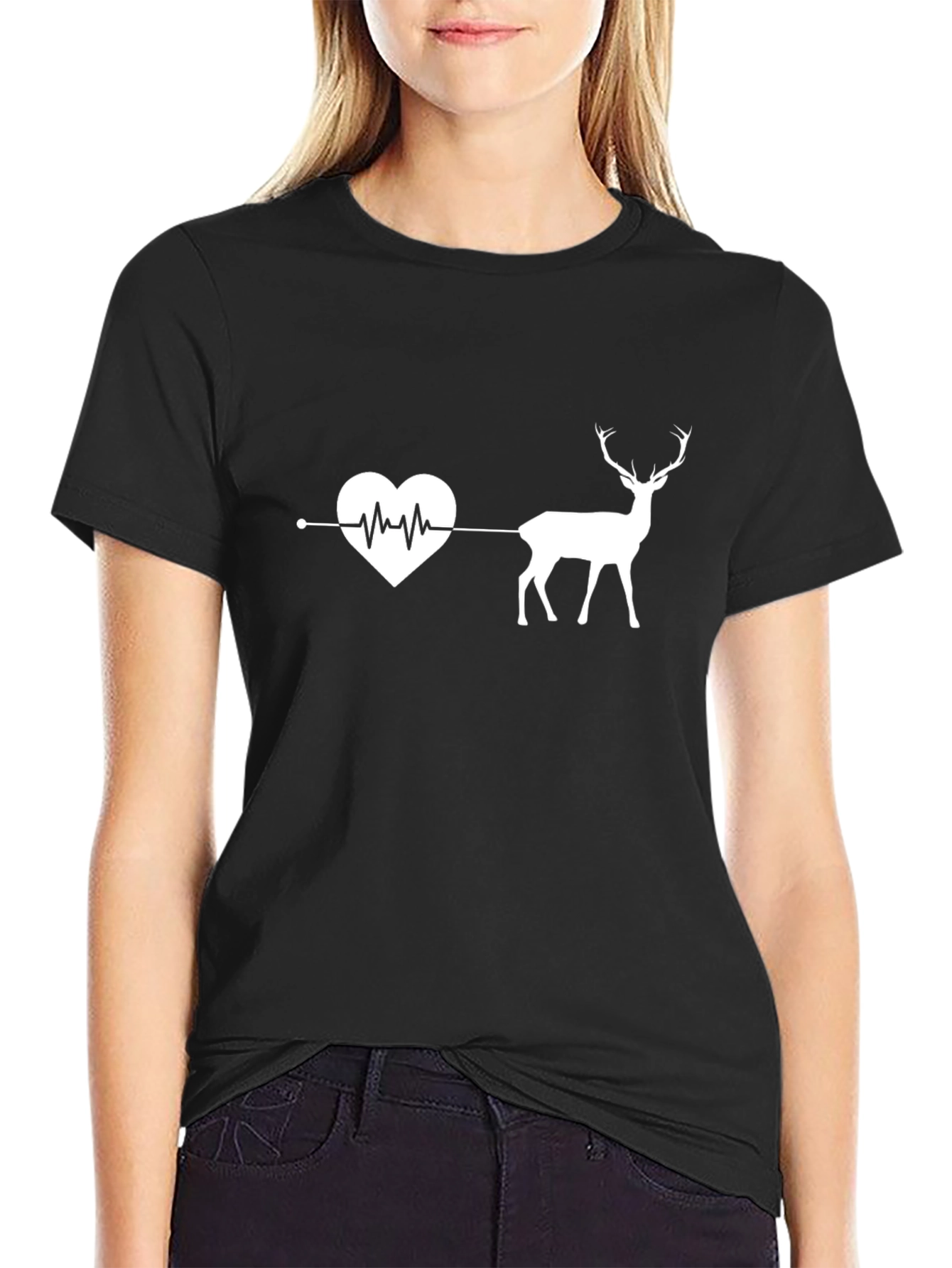 Heartbeat Deer Graphic Tee - Black Cotton T-Shirt