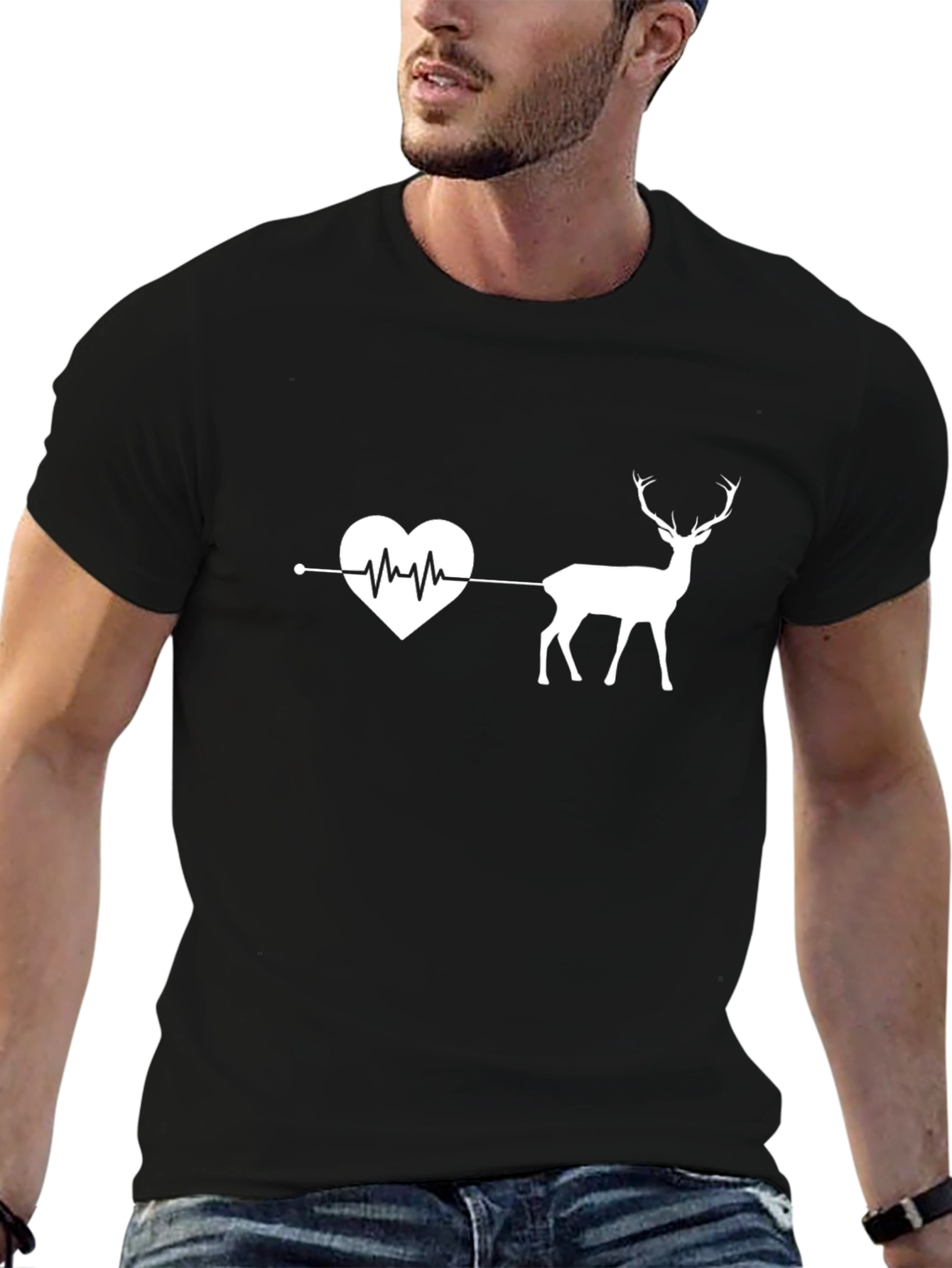 Heartbeat Deer Graphic Tee - Black Cotton T-Shirt