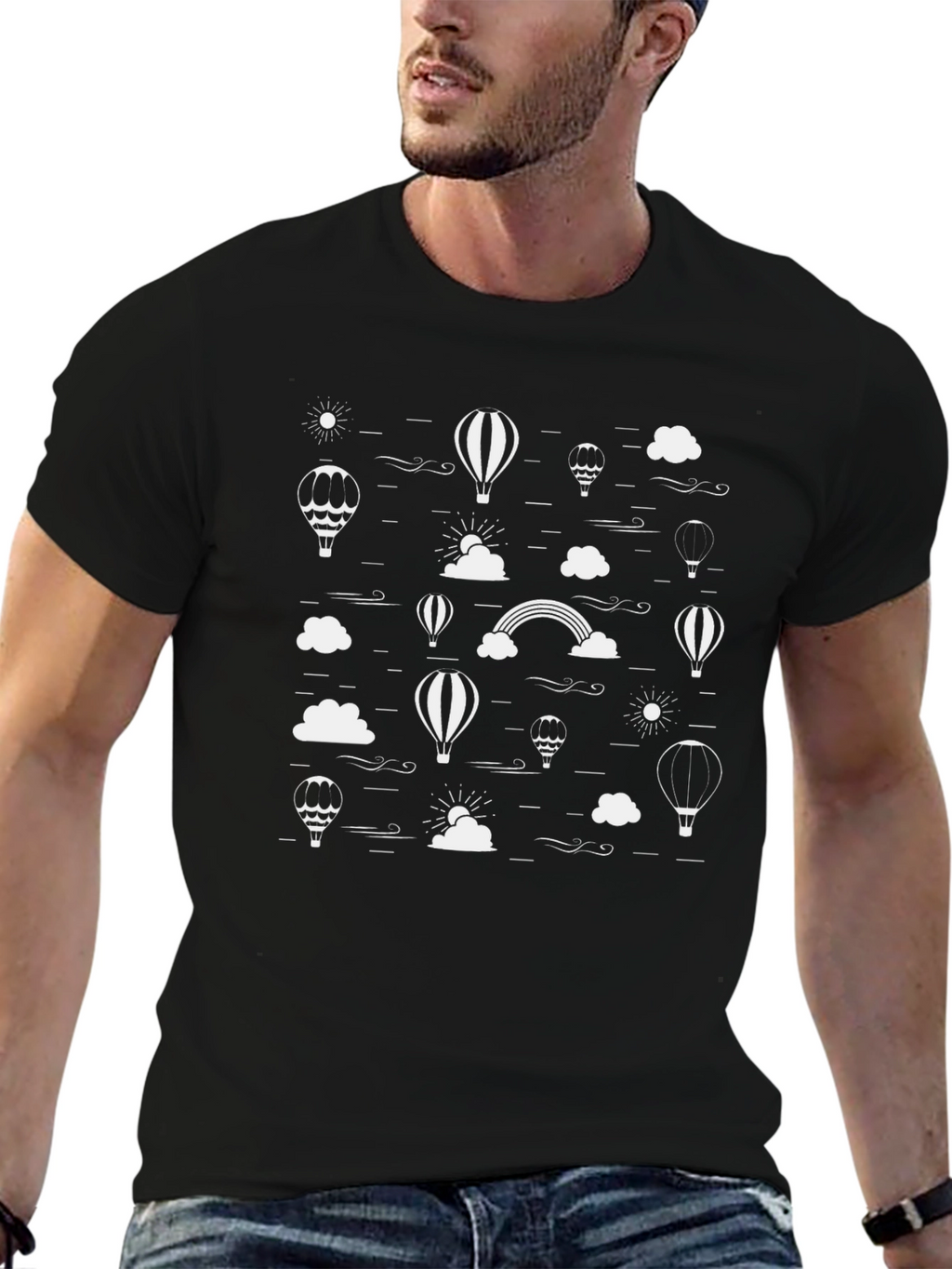 Black T-Shirt with White Hot Air Balloon Graphic Print