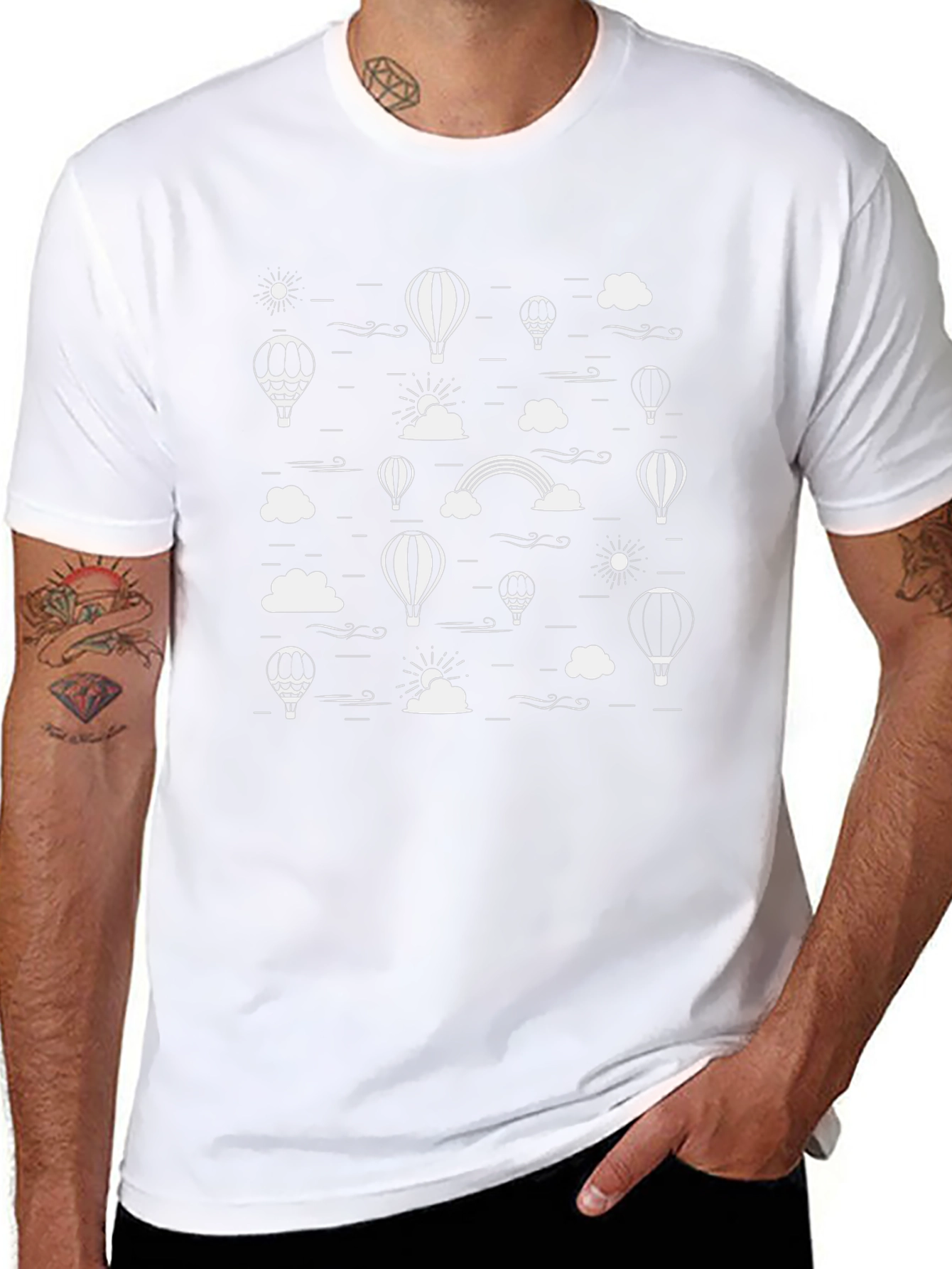 Black T-Shirt with White Hot Air Balloon Graphic Print