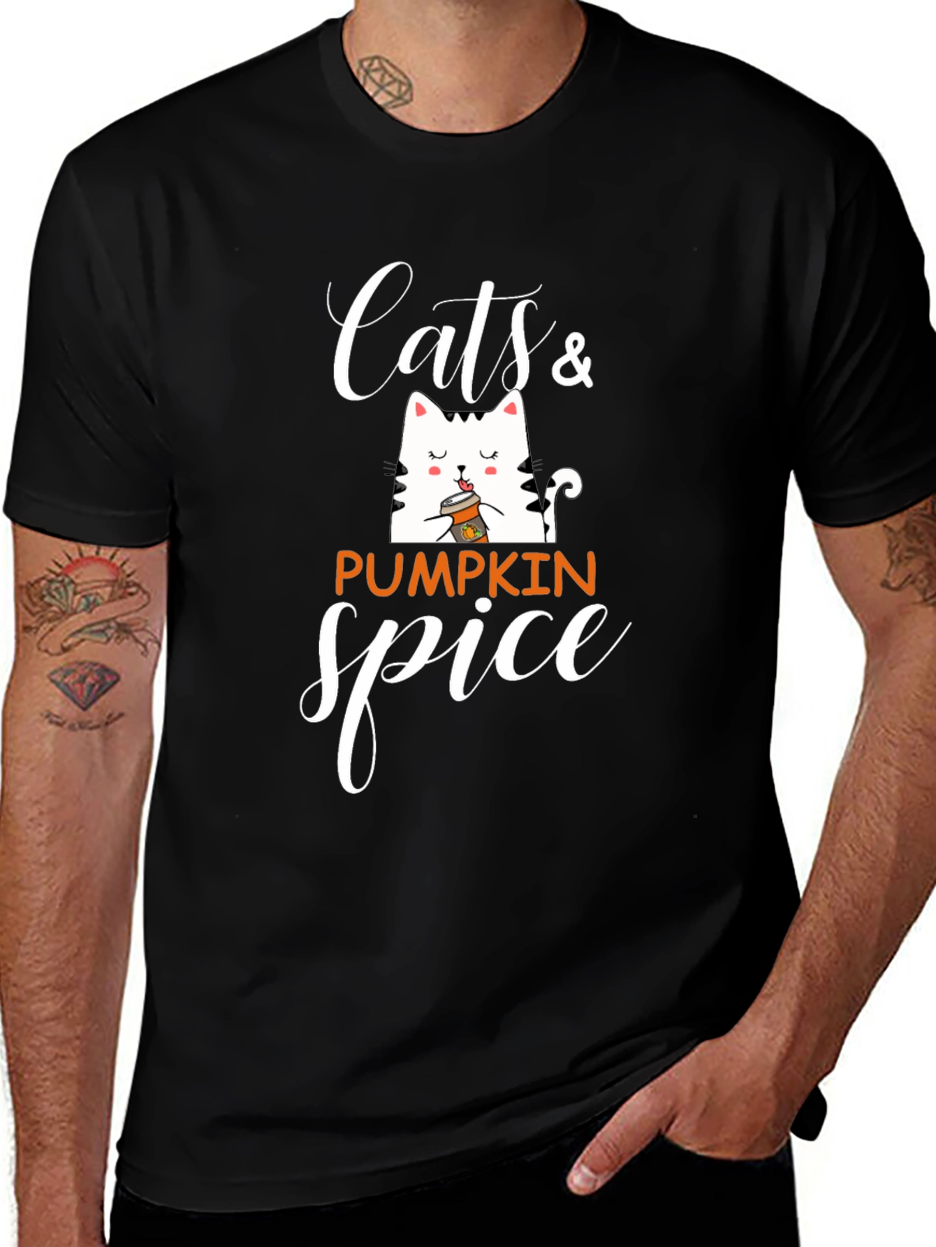 Cats & Pumpkin Spice Black Graphic T-Shirt