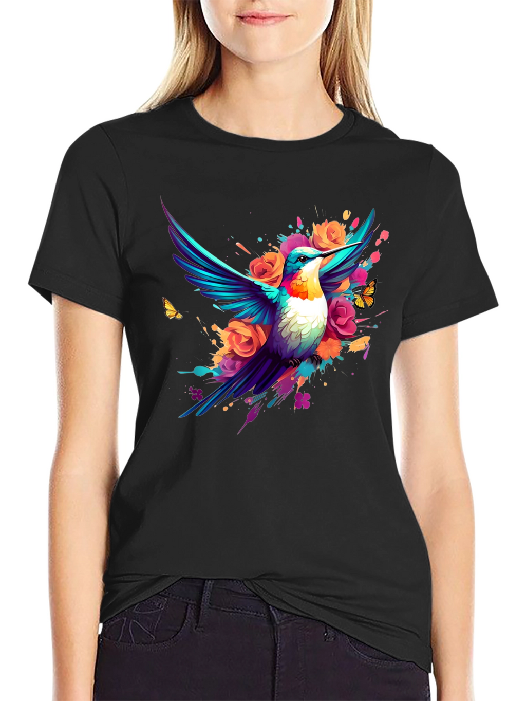 Hummingbird Floral Black T-Shirt
