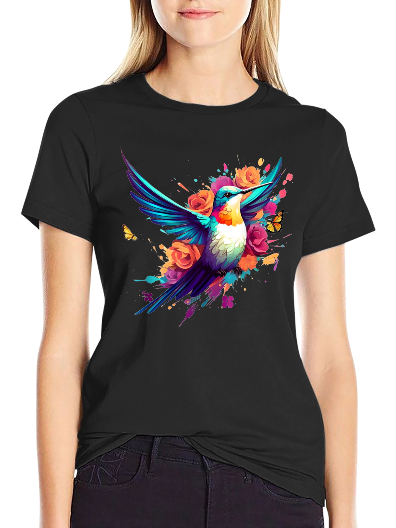Hummingbird Floral Black T-Shirt