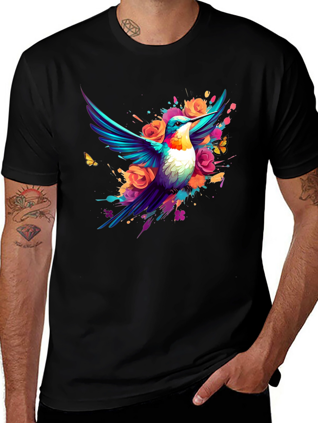 Hummingbird Floral Black T-Shirt