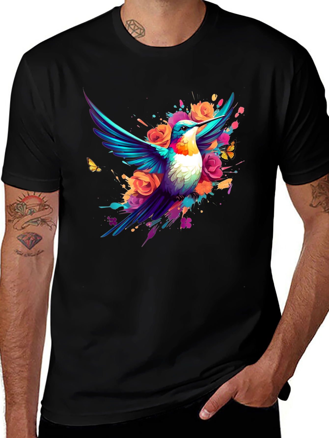 Hummingbird Floral Black T-Shirt