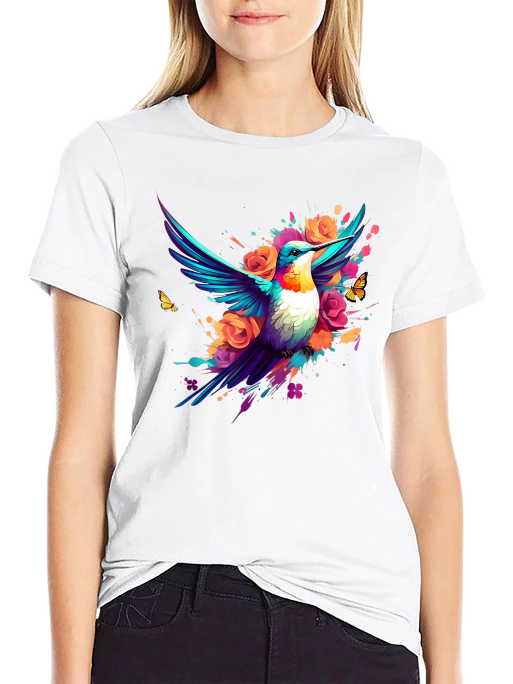 Hummingbird Floral Black T-Shirt