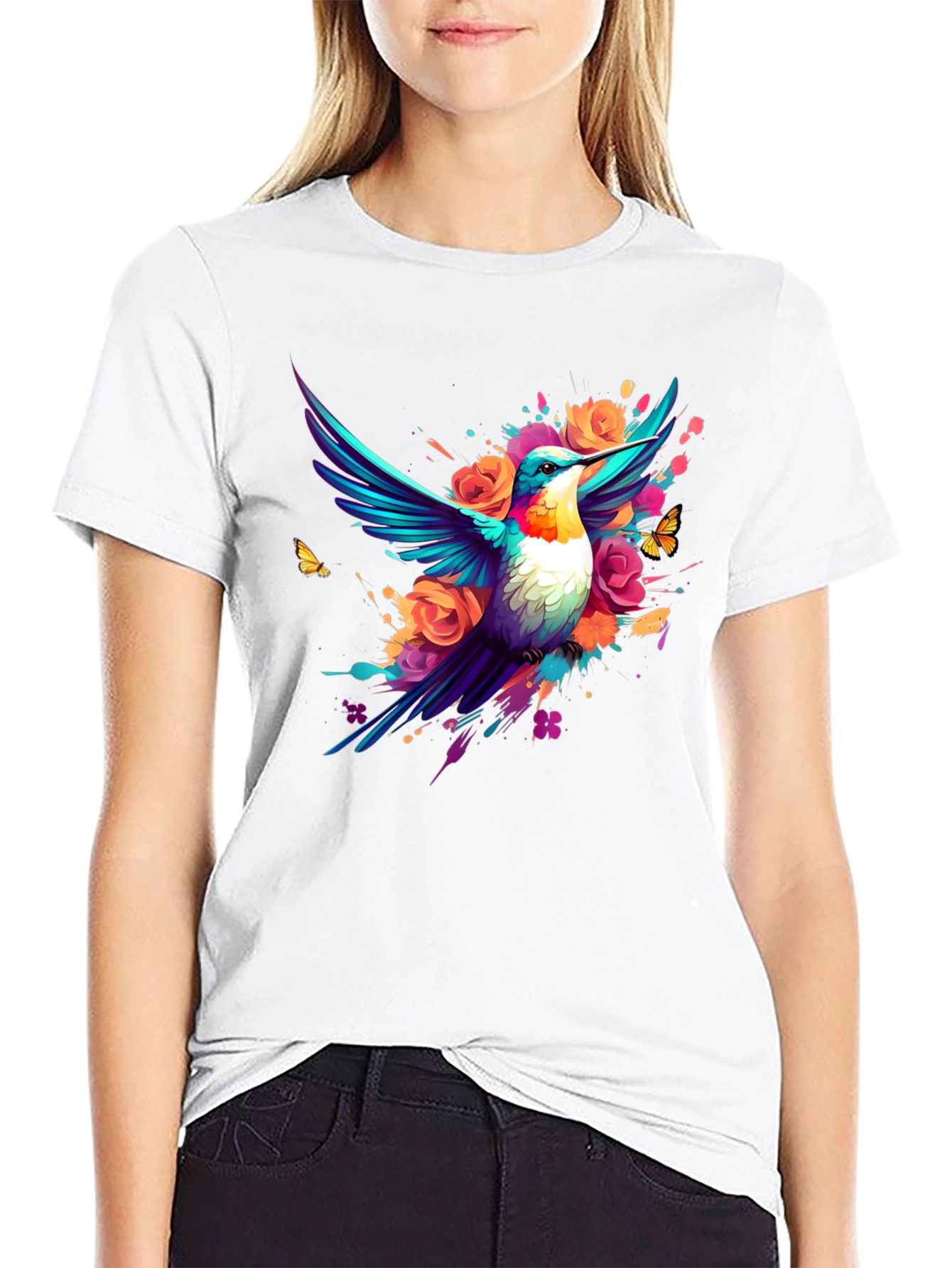 Hummingbird Floral Black T-Shirt
