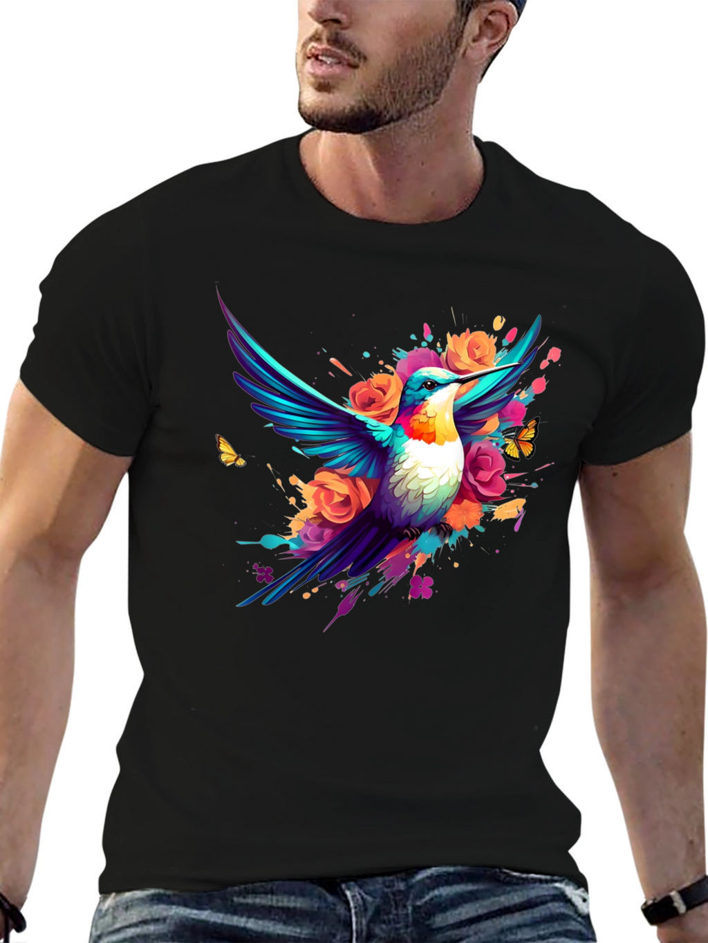 Hummingbird Floral Black T-Shirt