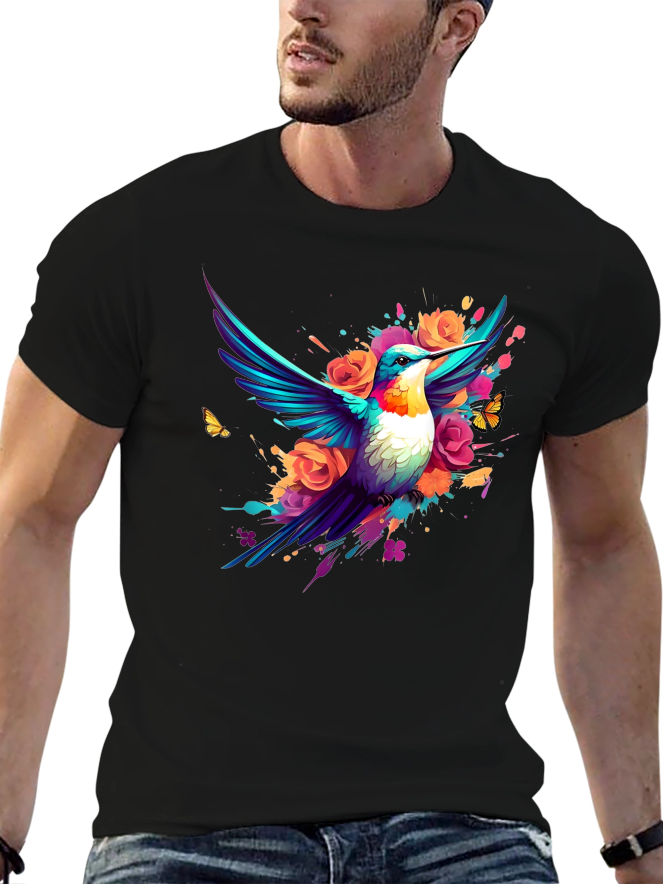 Hummingbird Floral Black T-Shirt