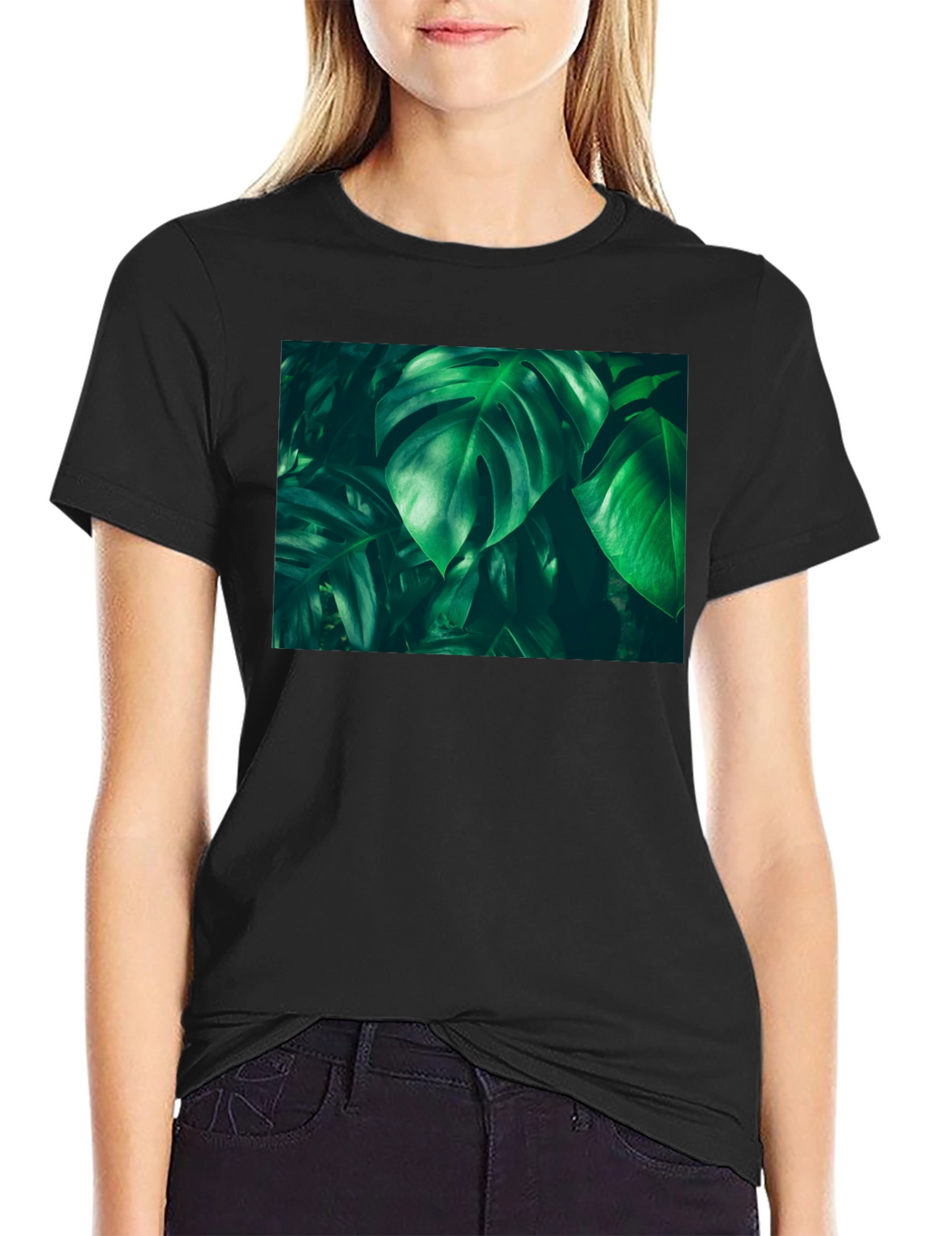 Tropical Leaf Print Black T-Shirt