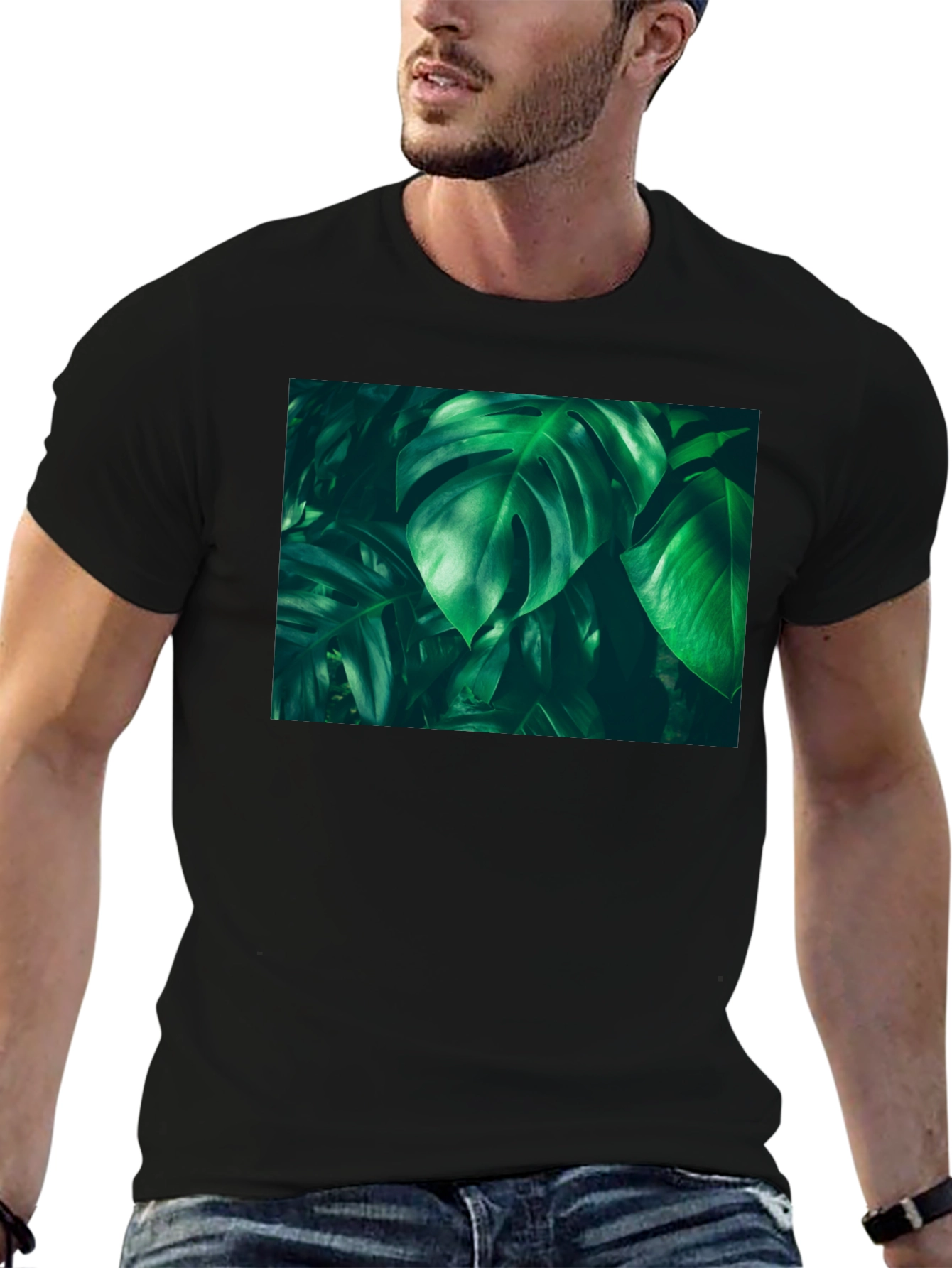 Tropical Leaf Print Black T-Shirt