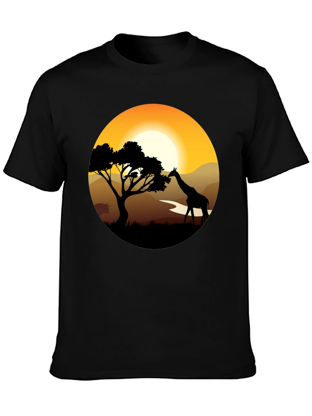 African Sunset Giraffe Black T-Shirt