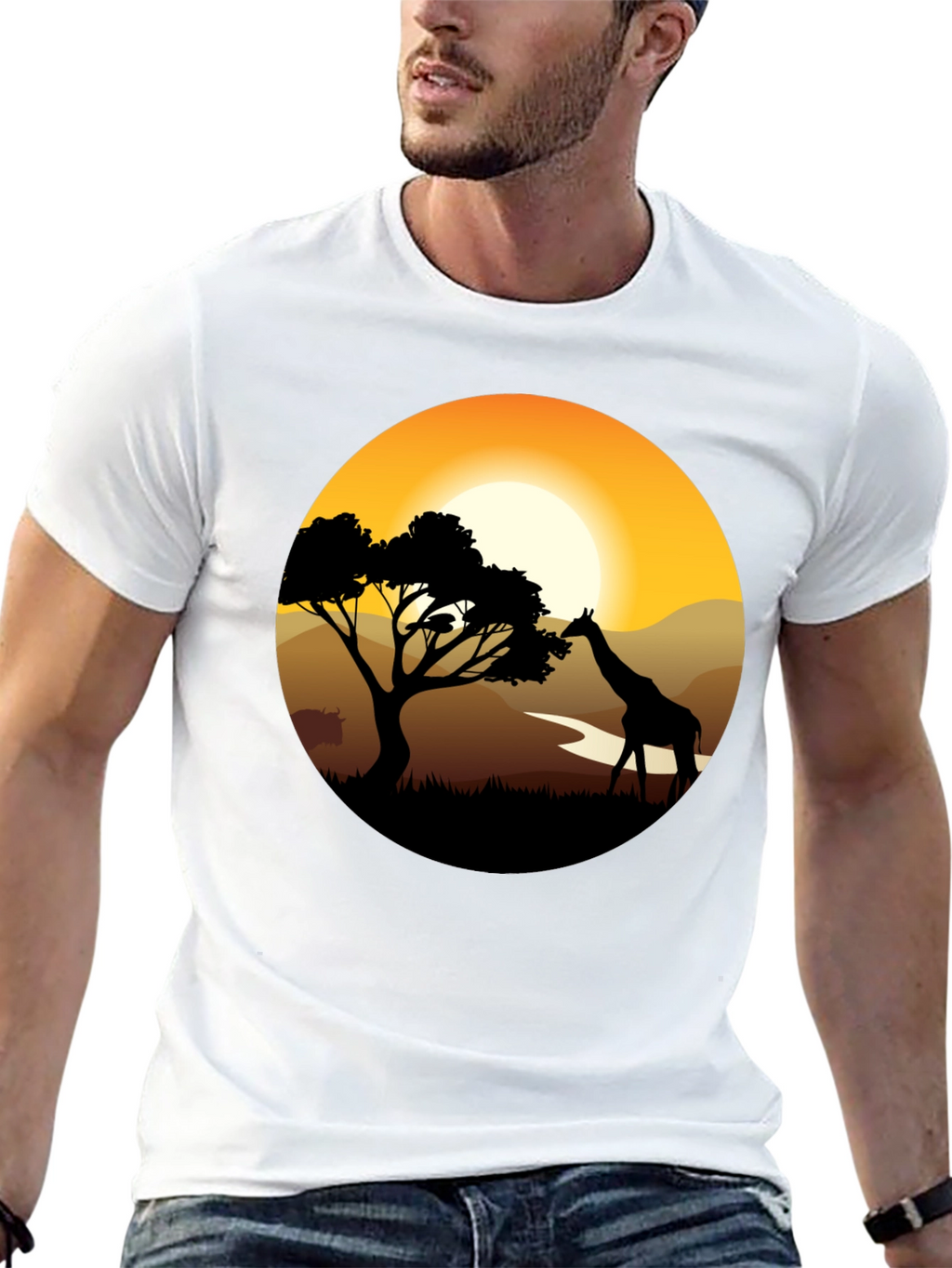 African Sunset Giraffe Black T-Shirt