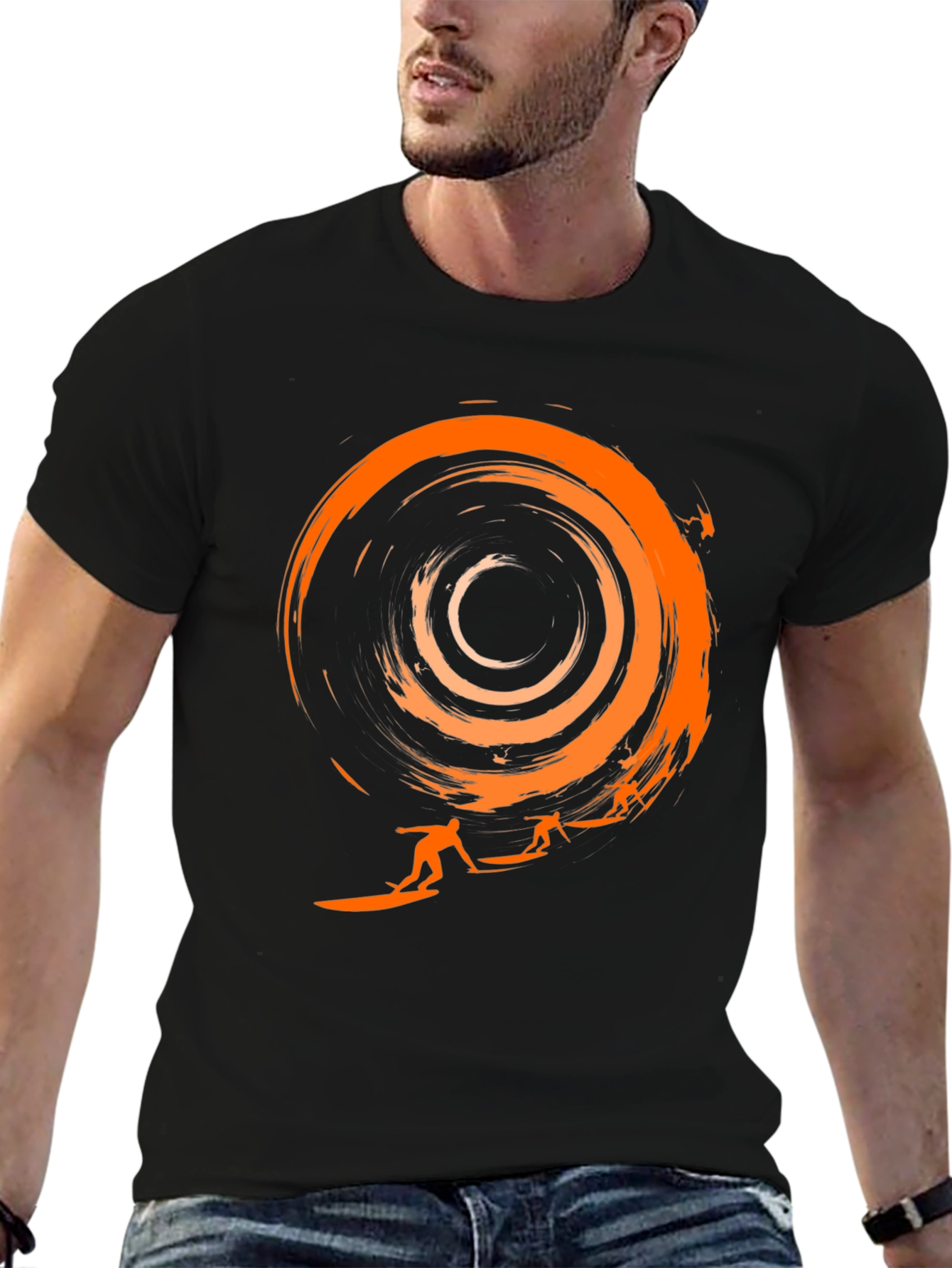 Surfer Silhouette Graphic Tee - Black Cotton T-Shirt