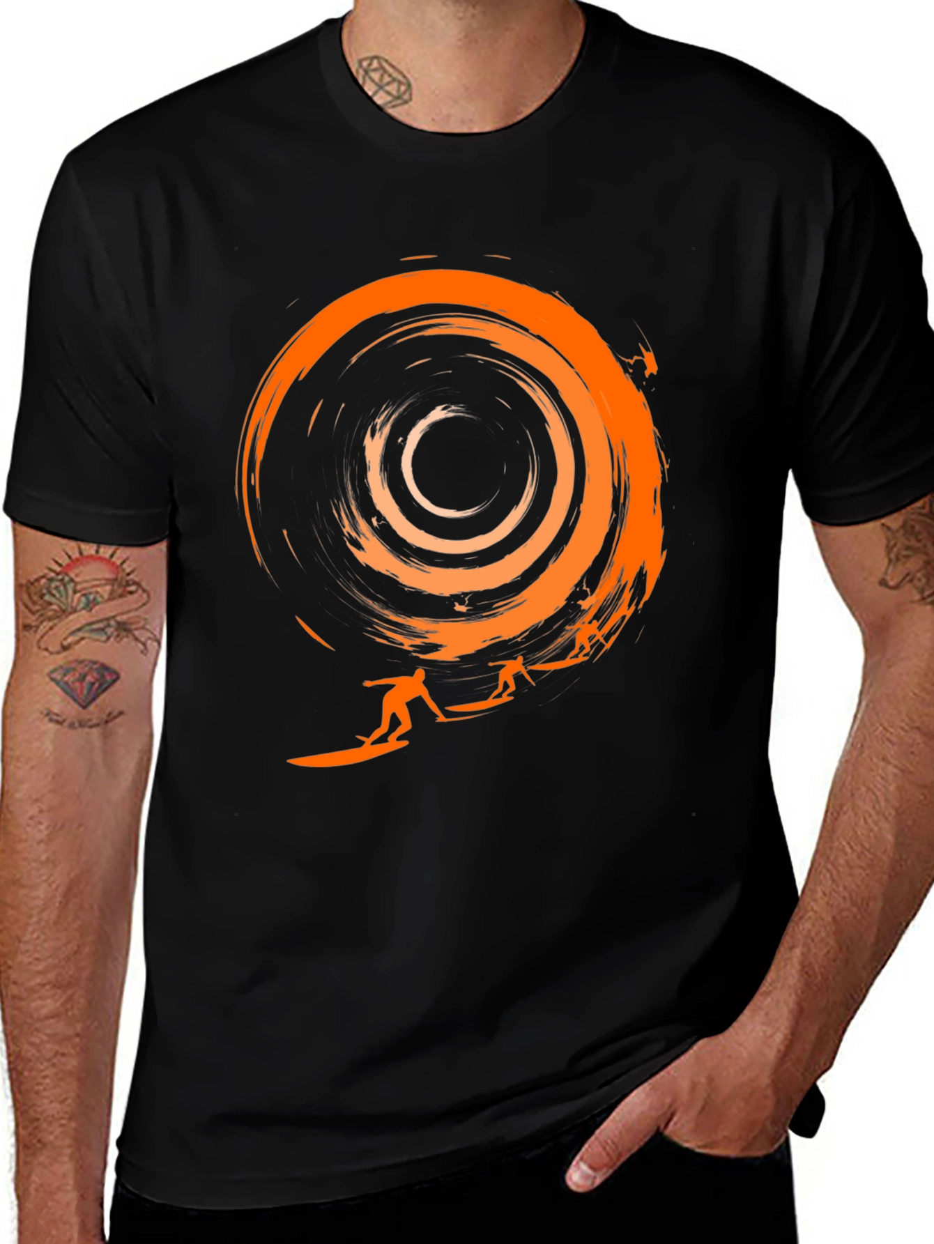 Surfer Silhouette Graphic Tee - Black Cotton T-Shirt