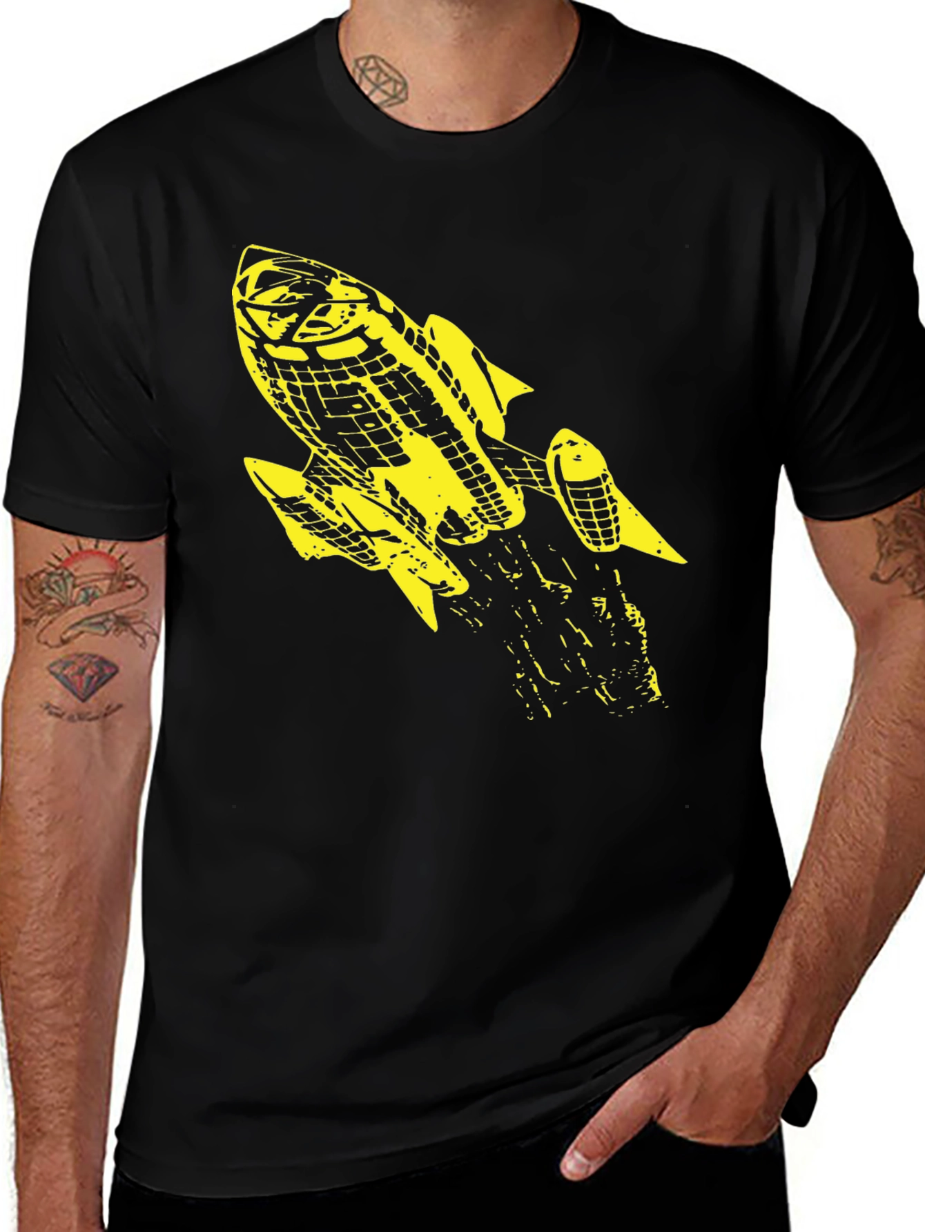 Retro Rocket Graphic Tee - Black Cotton T-Shirt
