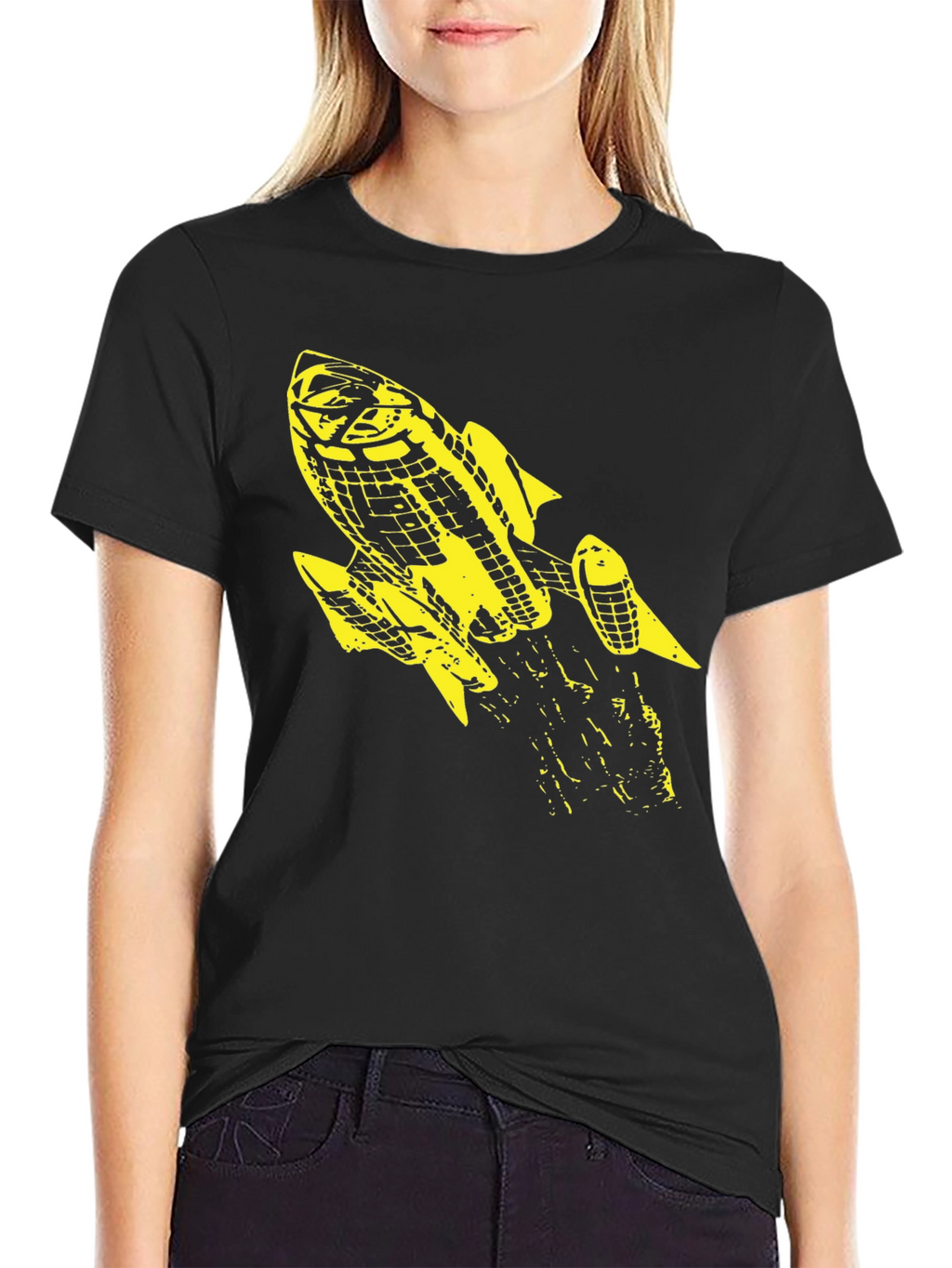 Retro Rocket Graphic Tee - Black Cotton T-Shirt