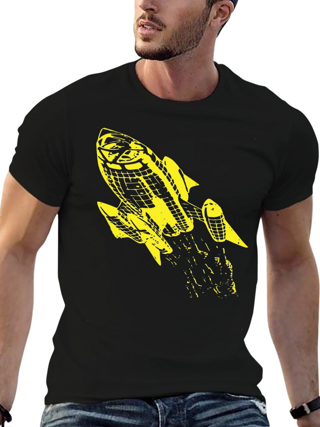 Retro Rocket Graphic Tee - Black Cotton T-Shirt